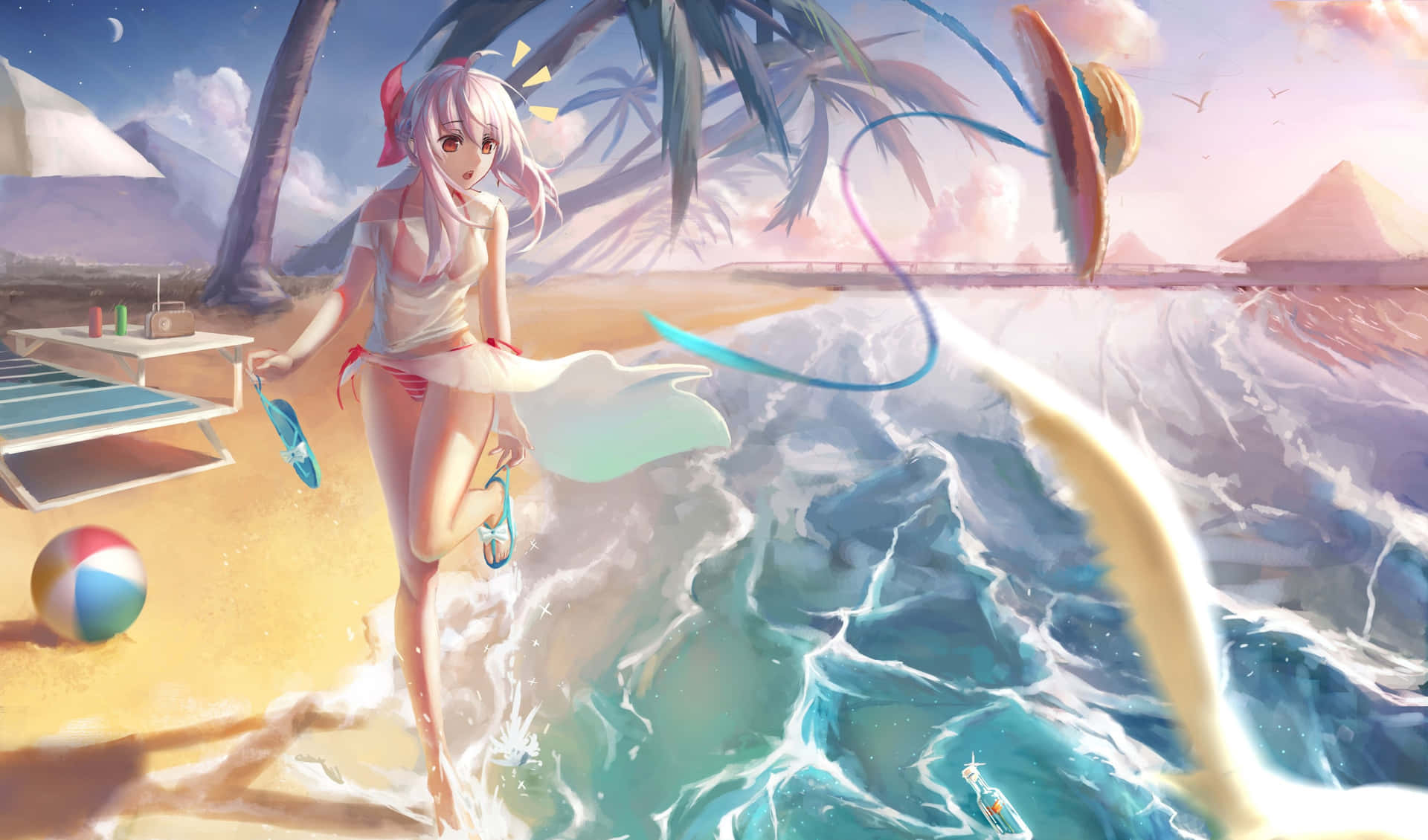 動漫女孩穿著比基尼在海灘上，伴隨著魔法般的海浪，背景是日落天空。 — 動畫風景 壁紙