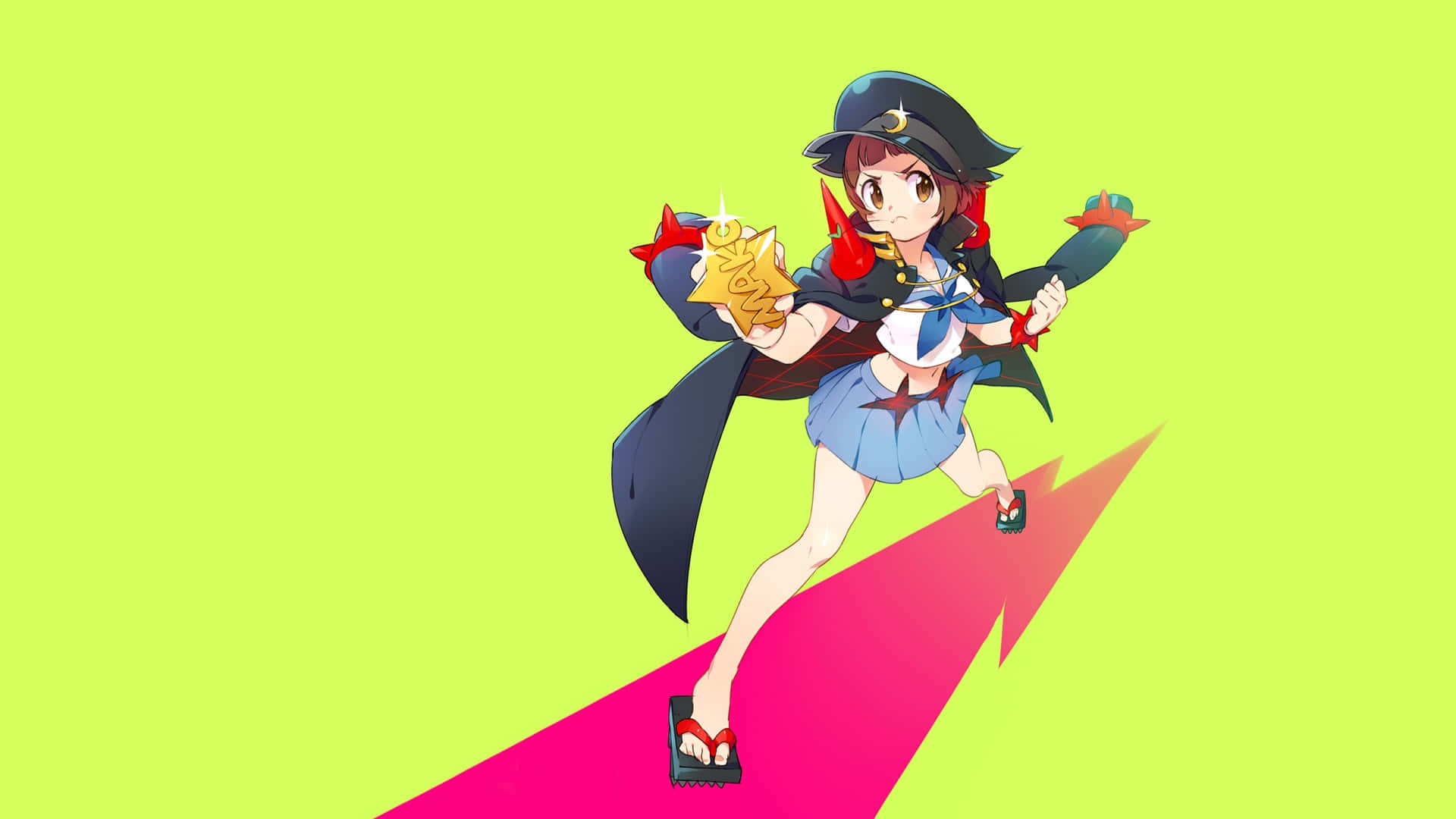 Kill La Kill 桌布 壁紙 — 動漫女孩穿著海盜服裝，在明亮的萊姆綠色背景上動態地奔跑在粉紅色閃電上。