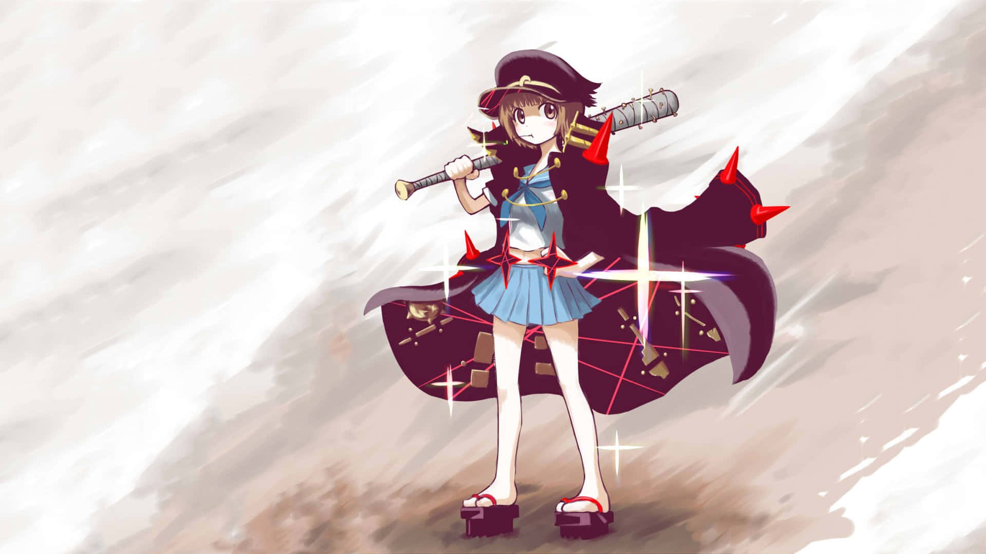Kill La Kill 桌布 壁紙 — 動漫女孩穿著海盜服裝，在暴風雨背景下揮舞發光的劍和球棒。
