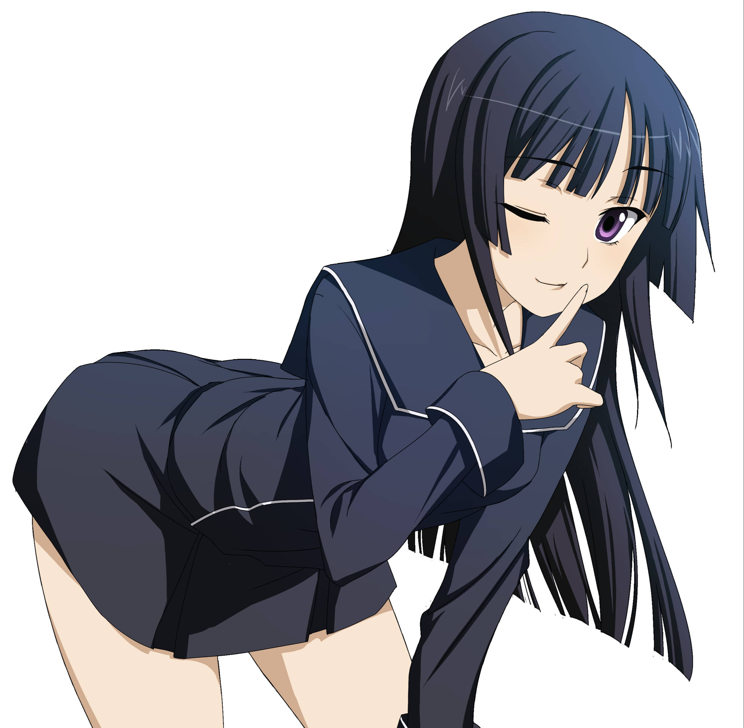 Sexy Anime 桌布 壁紙 — 動漫女孩穿著深藍色水手服，在白色背景前眨眼並頑皮地指著手指。