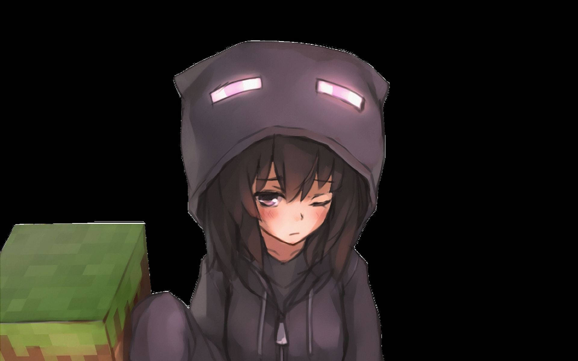可愛動漫頭貼 桌布 壁紙 — 動漫女孩穿著灰色Creeper連帽衫，在黑色背景前手持綠色方塊。