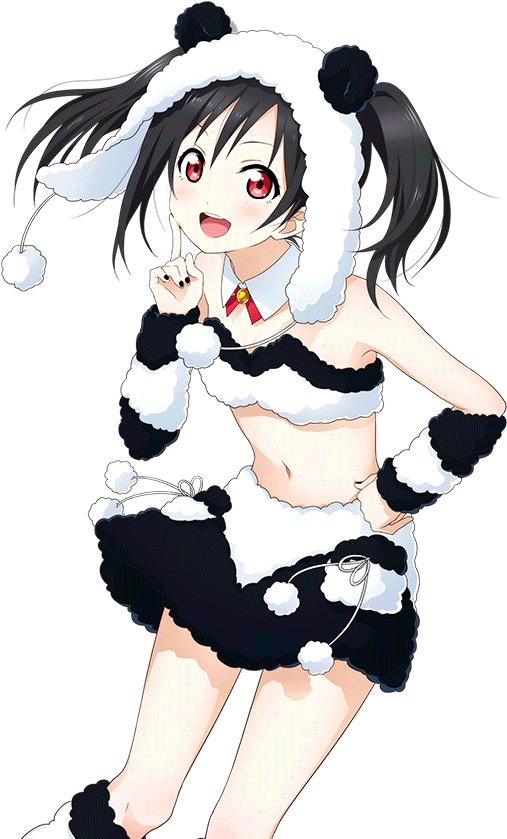 Nico Yazawa 桌布 壁紙 — 動漫女孩穿著熊貓主題服裝，紅眼睛黑頭髮，在黑色背景前開心地擺姿勢。