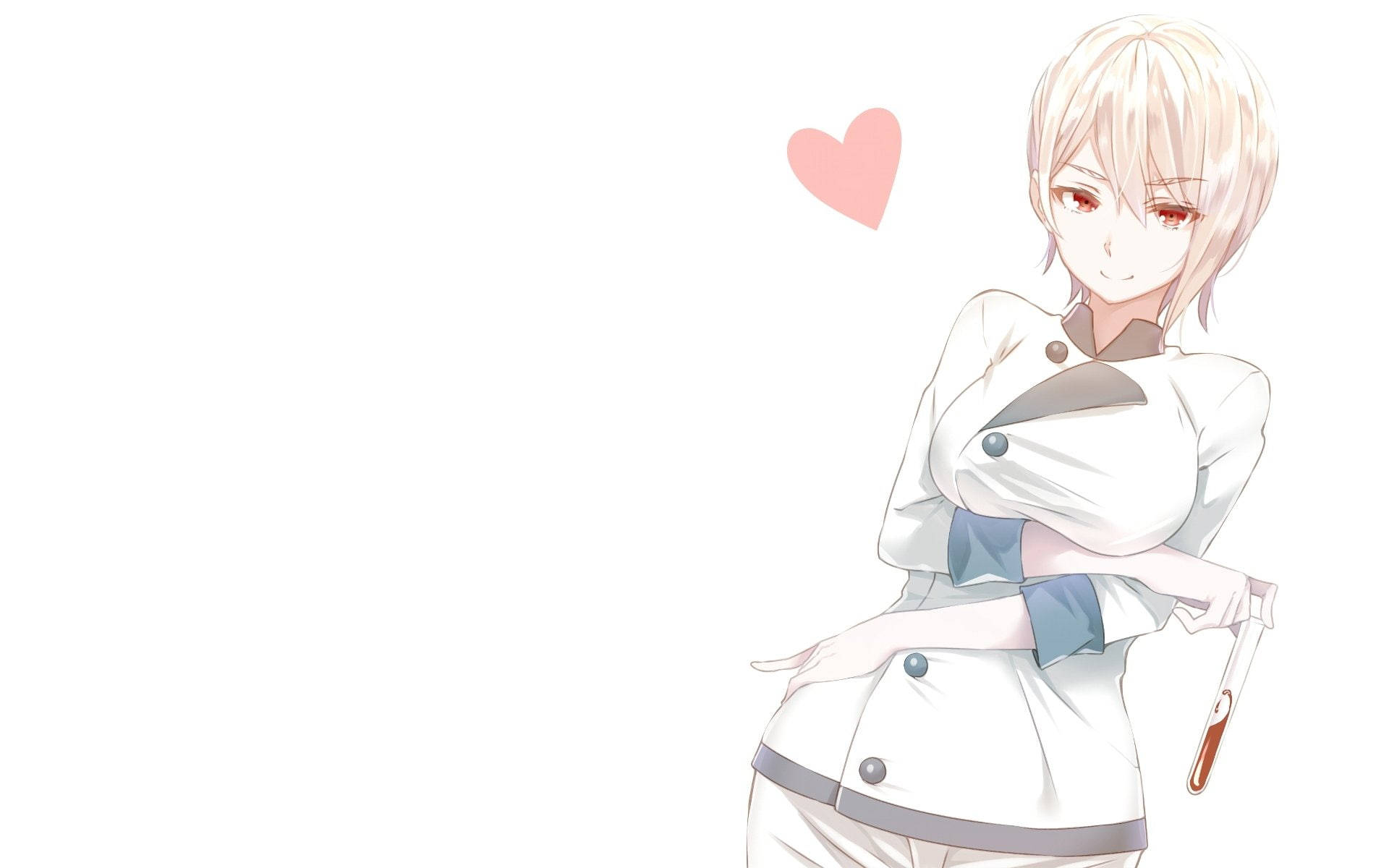 food wars shokugeki no soma 桌布 壁紙 — 動漫女孩穿著白色實驗室外套，手持試管，旁邊漂浮著粉紅色的心形。