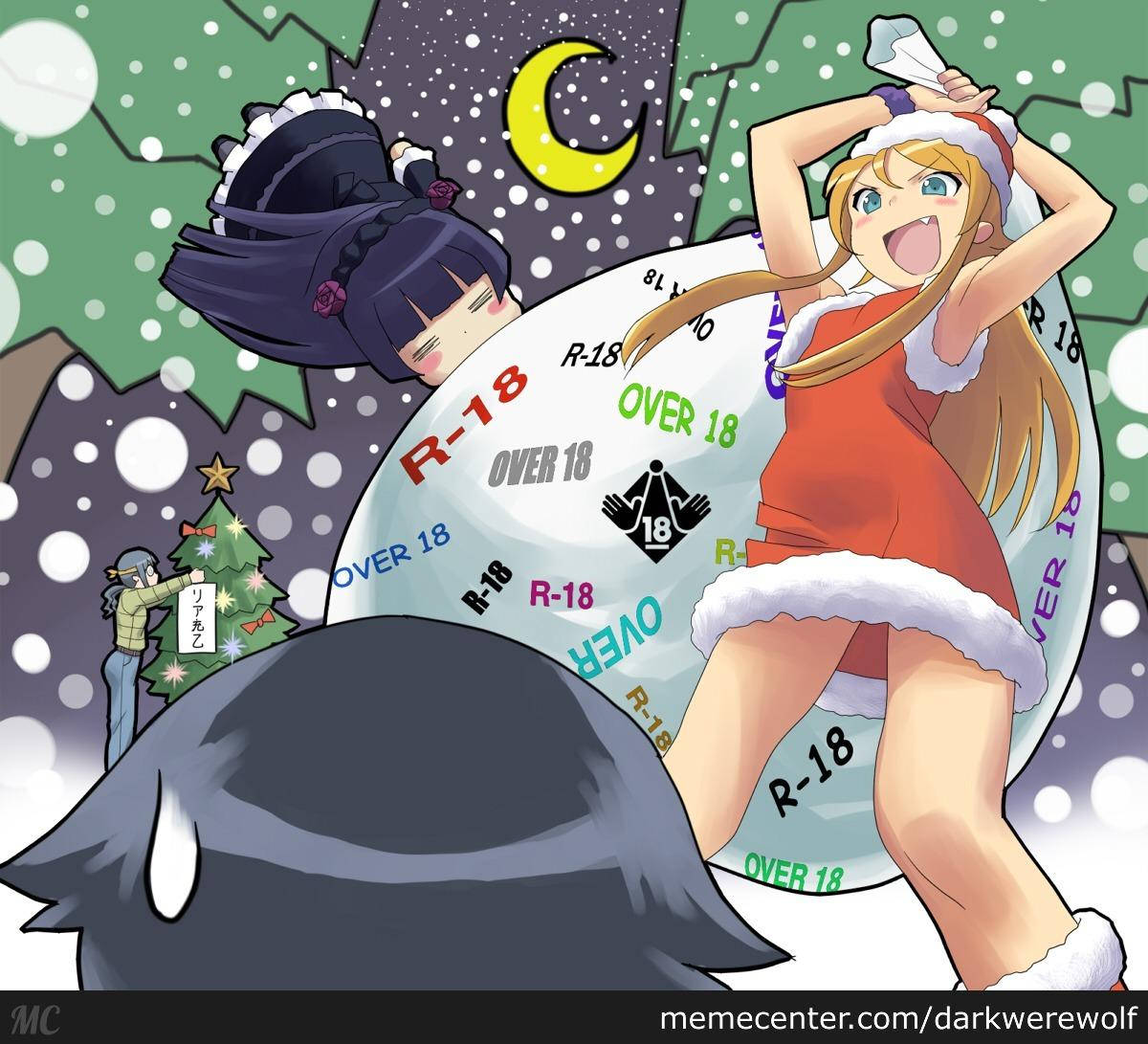 聖誕節 桌布 壁紙 — 動漫女孩穿著節日服裝在雪月下慶祝，R-18警告球體主導了場景。