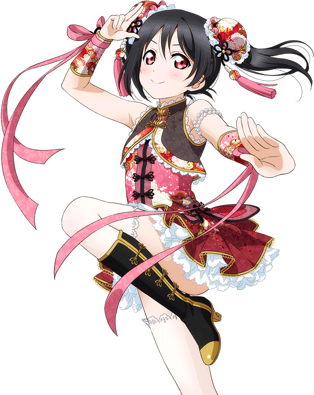 Nico Yazawa 桌布 壁紙 — 動漫女孩穿著節日紅粉配色服裝，飄帶飛揚，在黑色背景前擺出歡快姿勢。