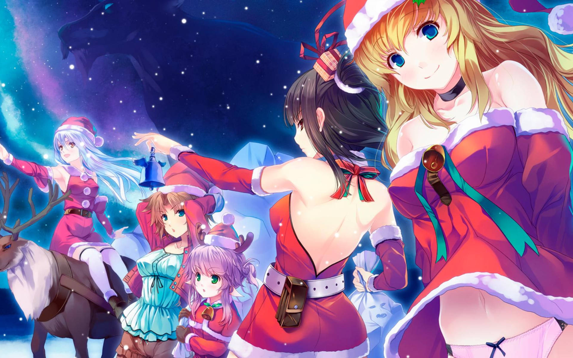 Anime Christmas 桌布 壁紙 — 動漫女孩穿著節日聖誕老人服裝，在星空宇宙天空下與馴鹿和發光的極光一起慶祝。