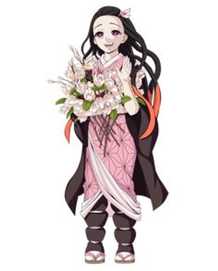 鬼滅之刃 禰豆子 桌布 壁紙 — 動漫女孩穿著粉紅色和服，手持白色花束，在純色背景上露出溫柔的微笑。