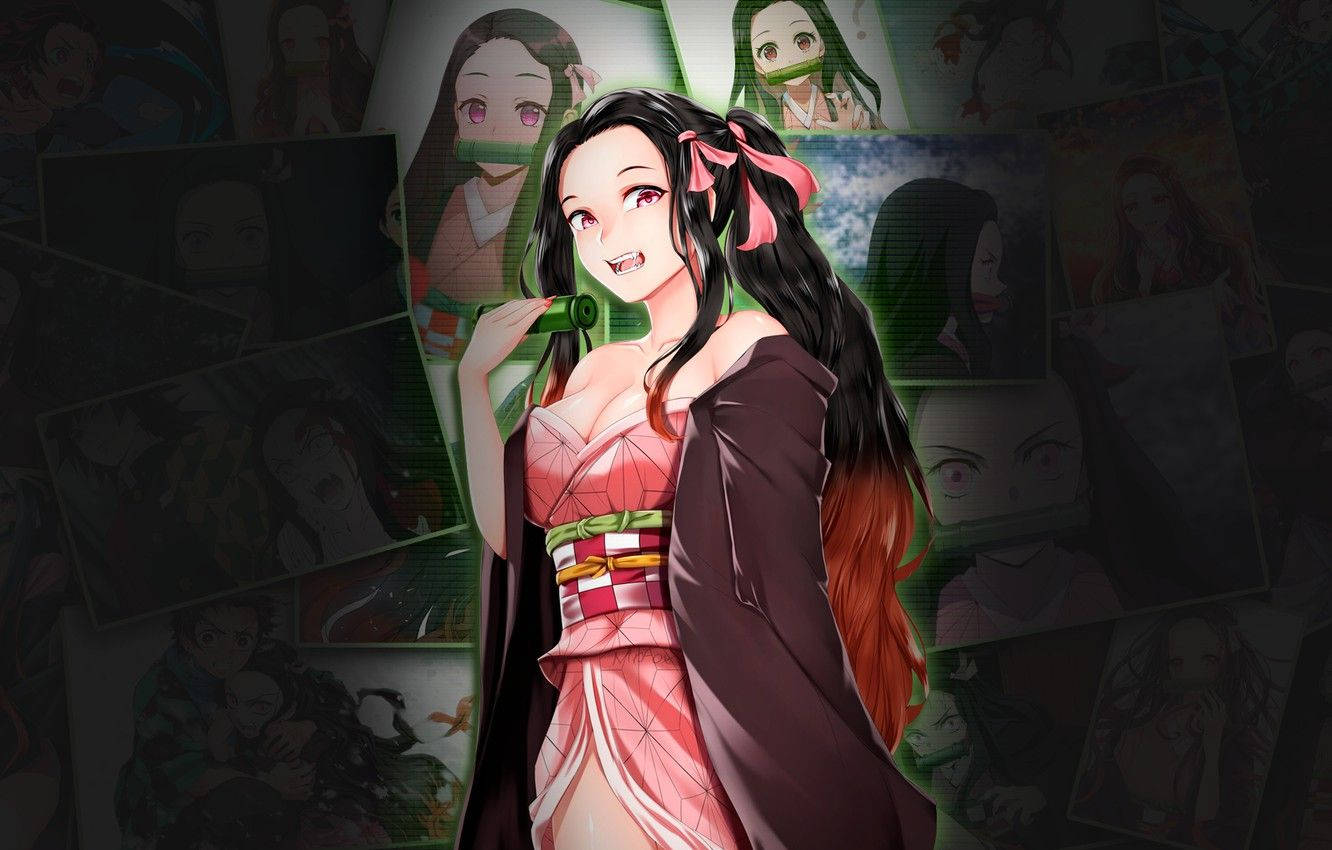 禰豆子 桌布 壁紙 — 動漫女孩穿著粉紅色和服微笑，手持綠色竹笛，背景是她肖像照片的拼貼畫。