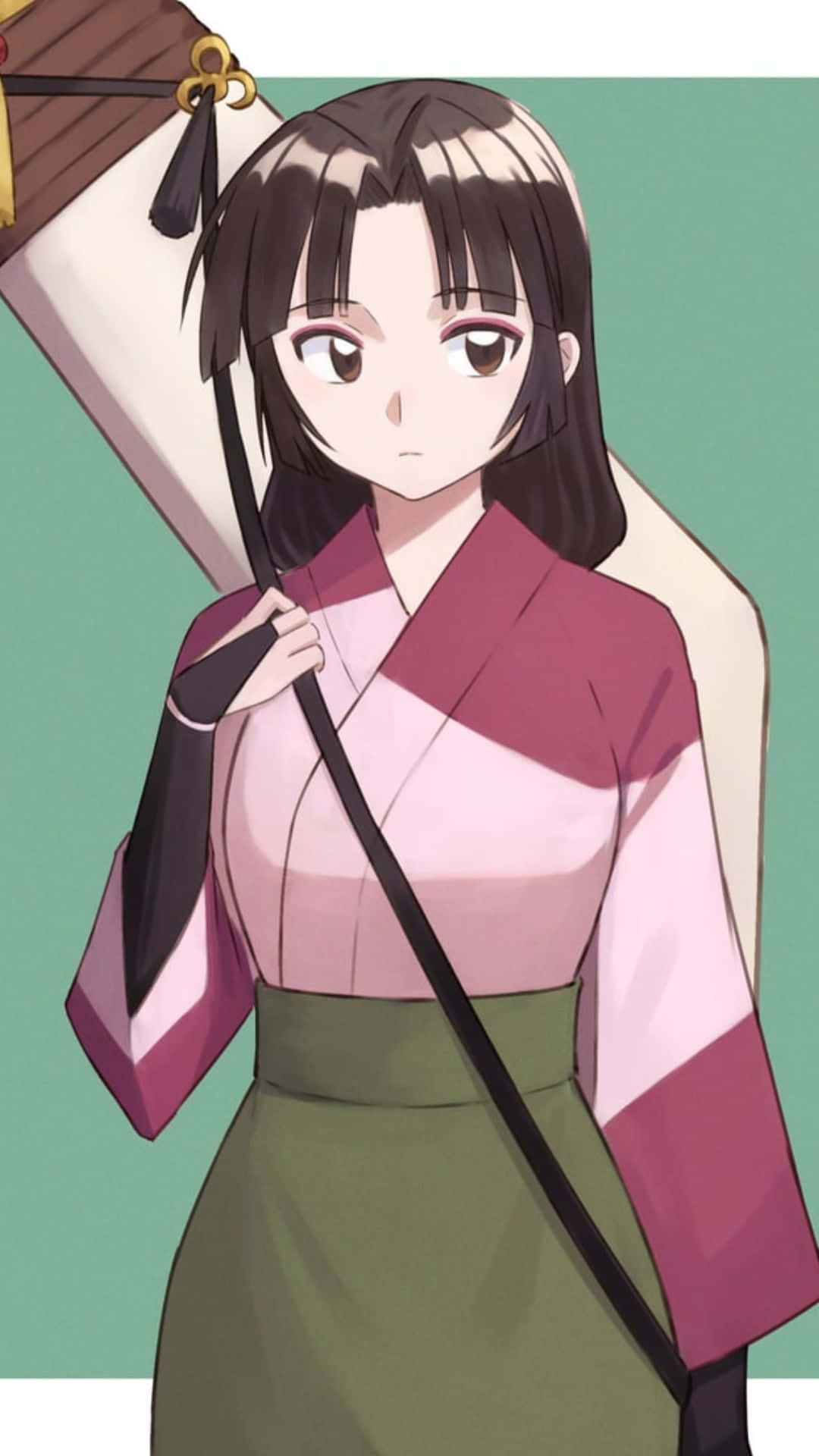 Sango 桌布 壁紙 — 動漫女孩穿著粉紅色和綠色和服，在柔和的青綠色背景前拿著傳統雨傘。