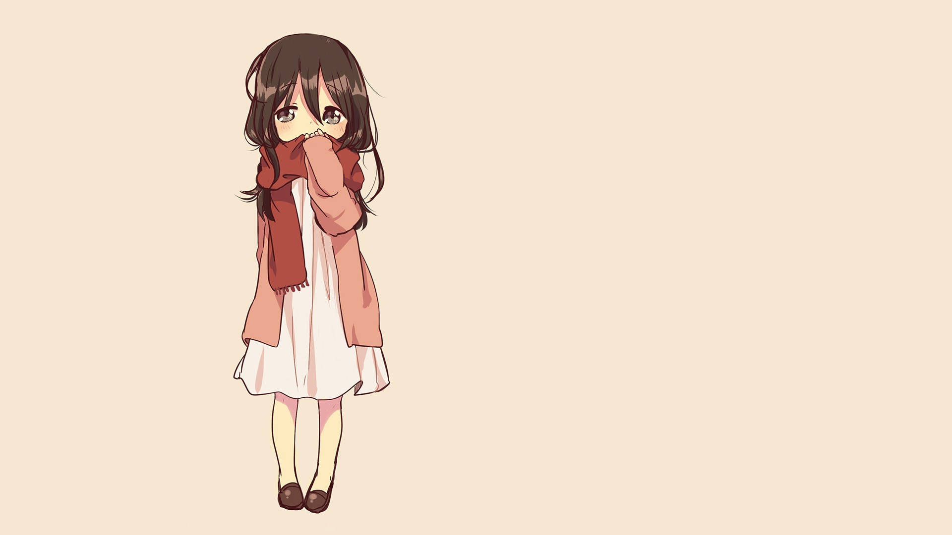 動漫女孩 桌布 壁紙 — 動漫女孩穿著粉紅色外套和紅色圍巾，在米色背景前用雙手捂住嘴巴。