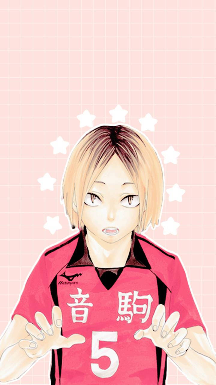 動漫男孩 桌布 壁紙 — 動漫女孩穿著粉紅色排球球衣，背後有數字5和星星，背景為網格。