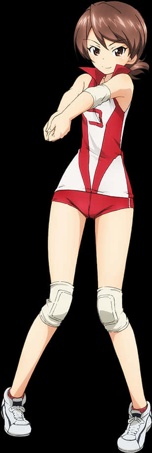 忍 桌布 壁紙 — 動漫女孩穿著紅白排球服，在黑色背景前擺出運動姿勢。