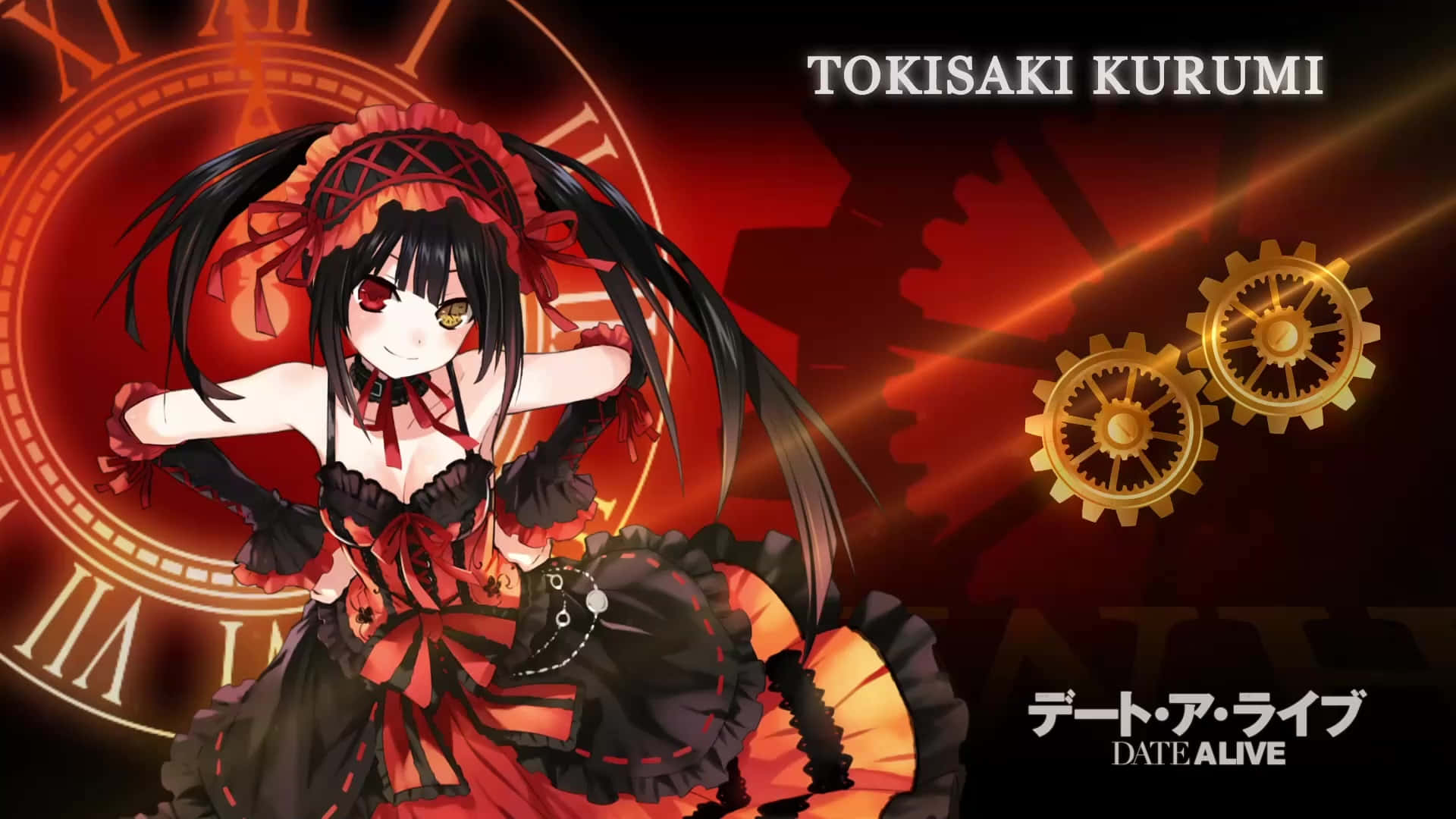 Date A Live 桌布 壁紙 — 動漫女孩穿著紅色哥德式連衣裙，在熾熱的紅色背景前，在發光的時鐘齒輪前擺姿勢。