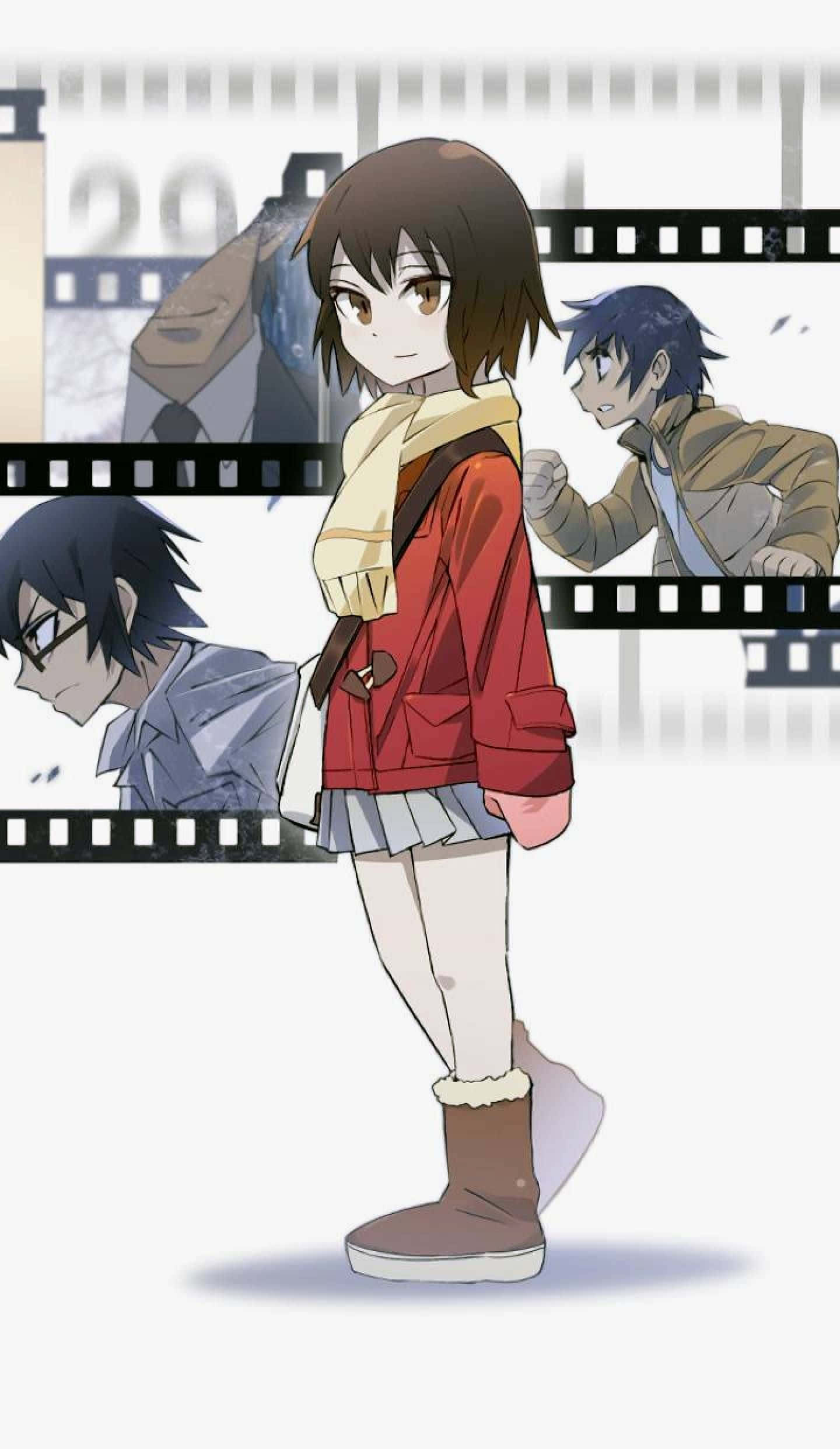 Erased 桌布 壁紙 — 動漫女孩穿著紅色外套和圍巾站在中央，身後有顯示其他角色的膠片條框。