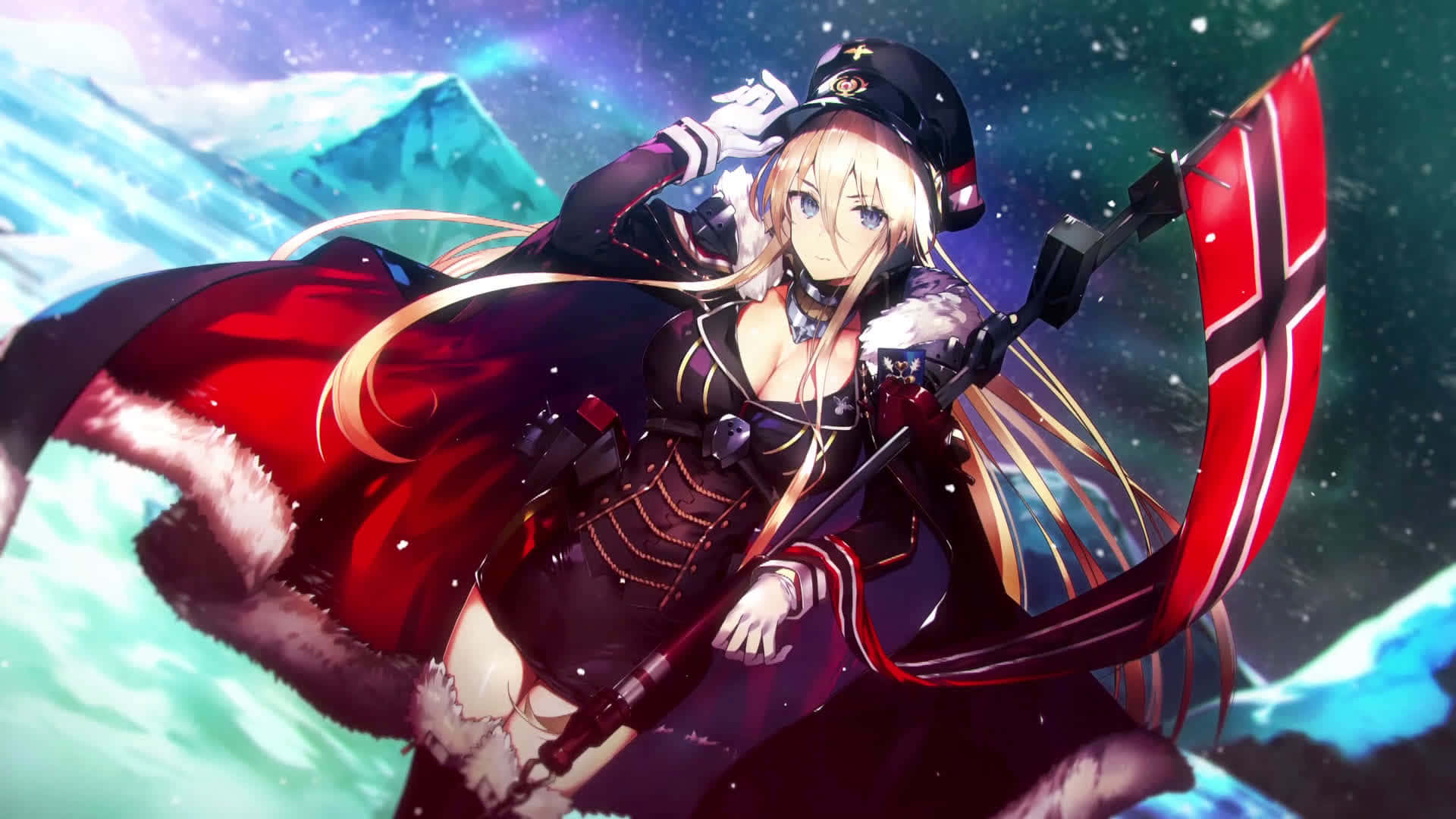 Cool Anime Girl 桌布 壁紙 — 動漫女孩穿著紅色毛領外套和軍帽，在星空下以雪山為背景舉著旗幟。