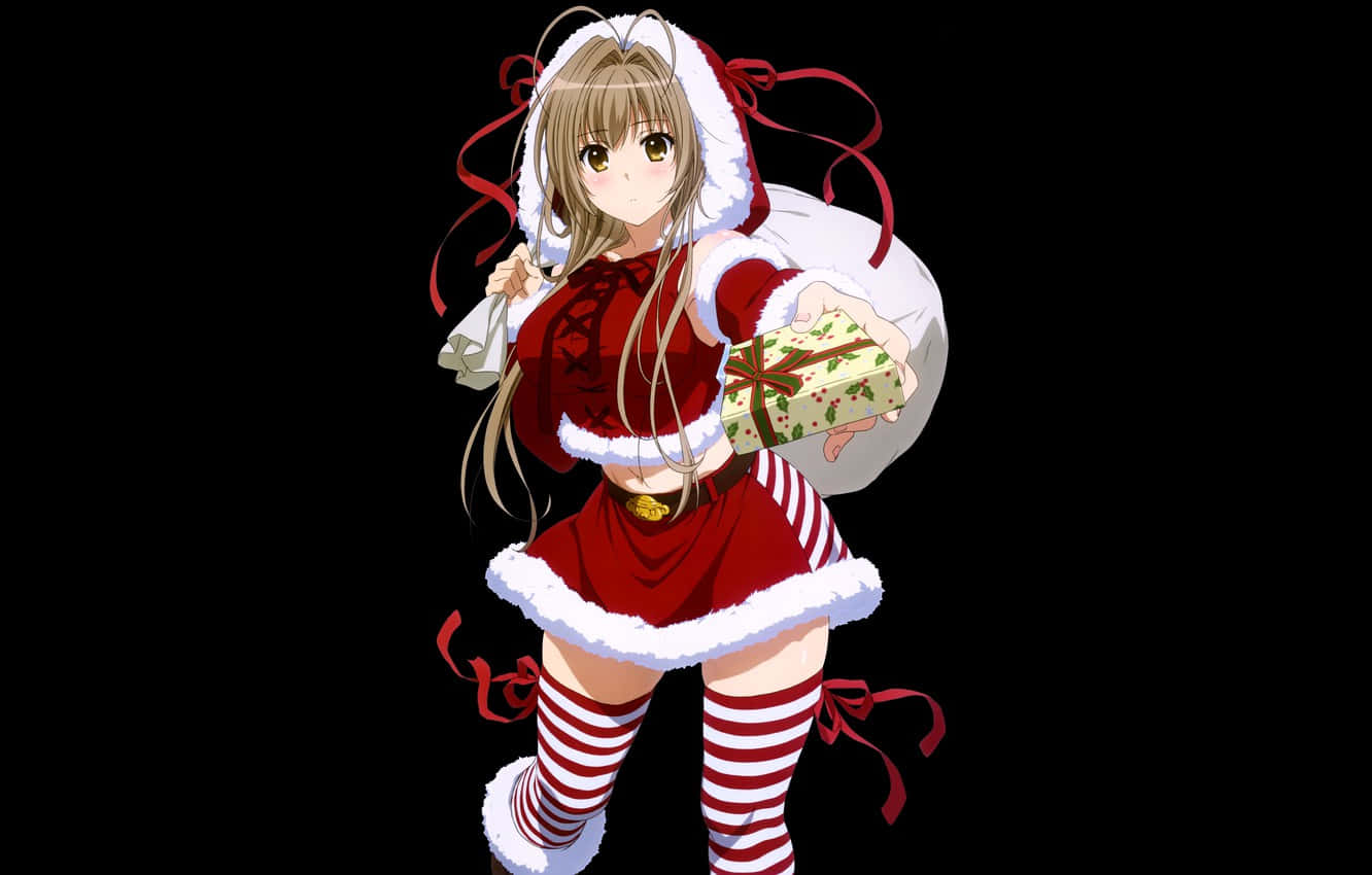 動漫聖誕 桌布 壁紙 — 動漫女孩穿著紅色聖誕老人服裝，在黑色背景上拿著禮物和袋子，飄帶飄揚。