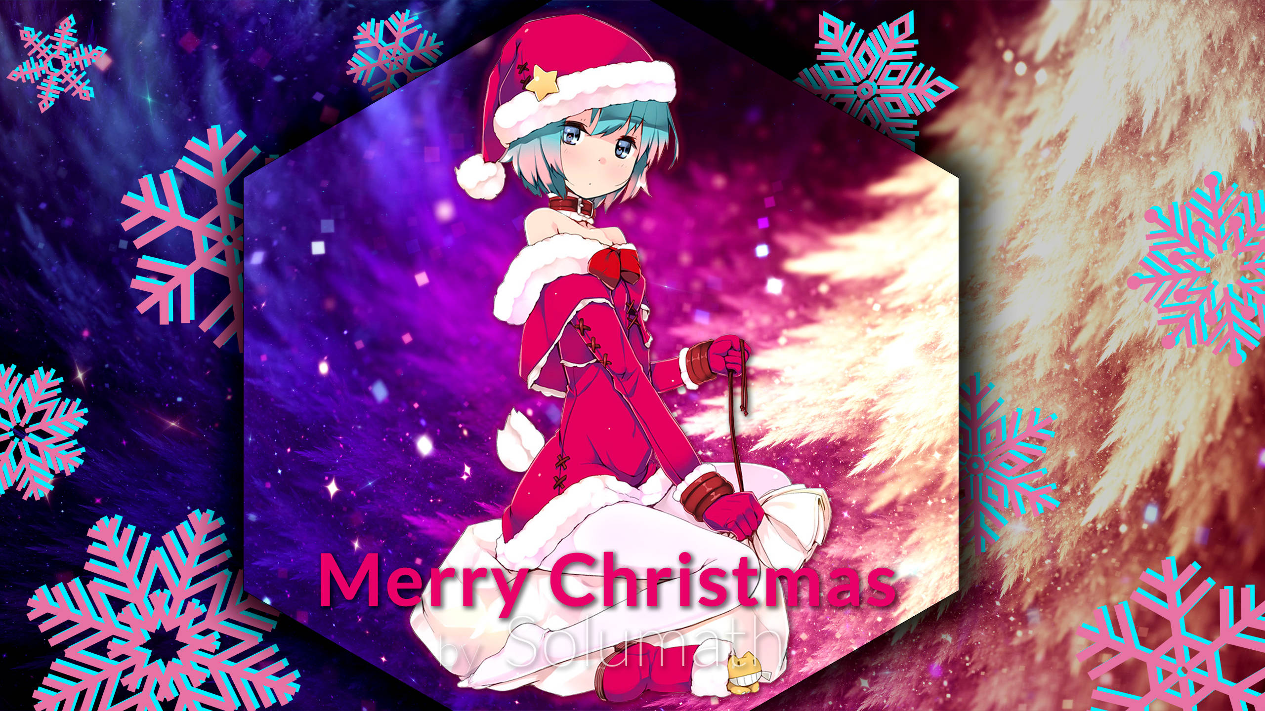 聖誕節 桌布 壁紙 — 動漫女孩穿著紅色聖誕老人服裝，在宇宙雪花背景下優雅地坐著，並帶有節日「Merry Christmas」文字。