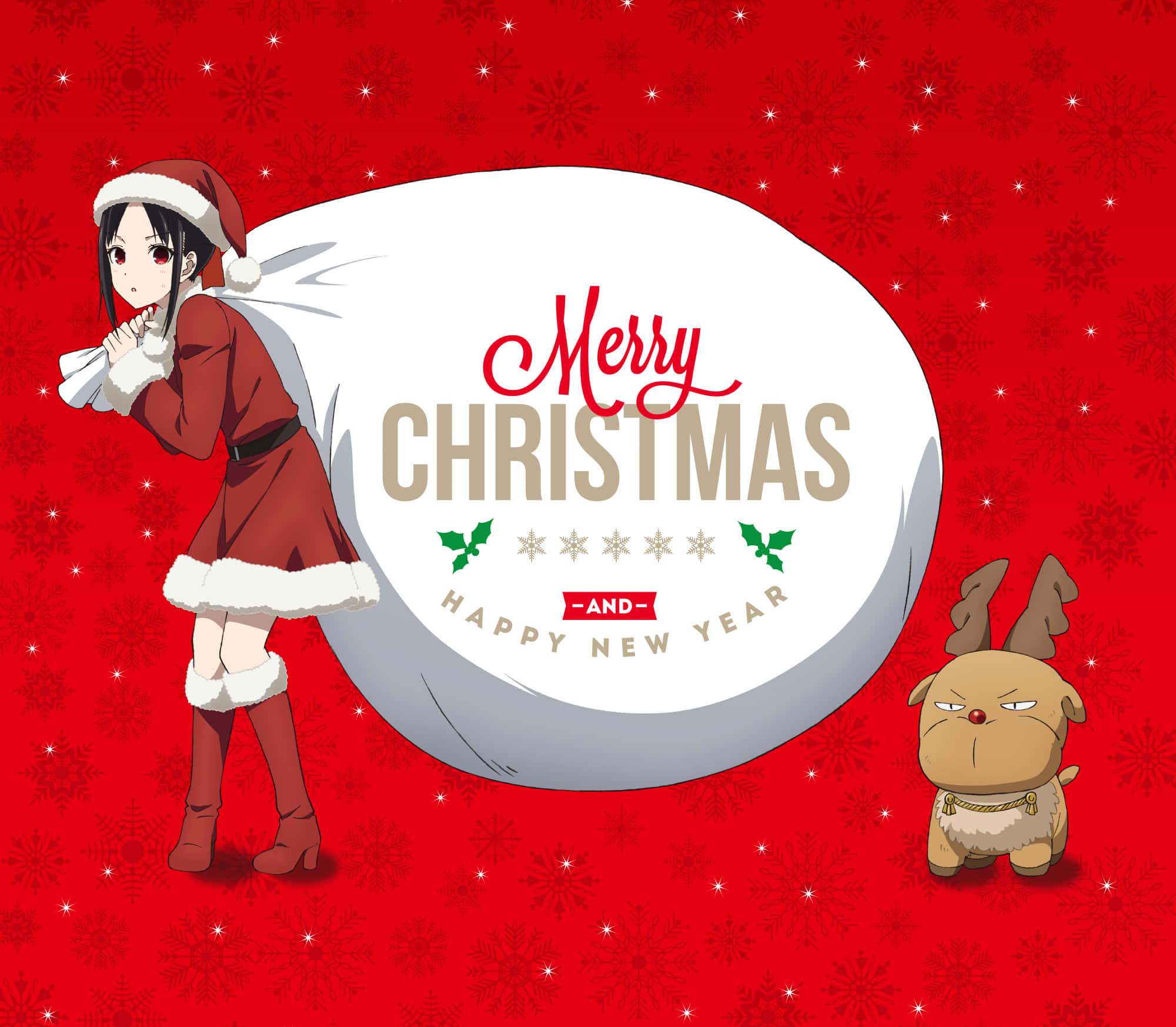動漫聖誕 桌布 壁紙 — 動漫女孩穿著紅色聖誕老人服裝，在雪地紅色背景旁，帶著巨大禮物袋和一隻脾氣暴躁的馴鹿。