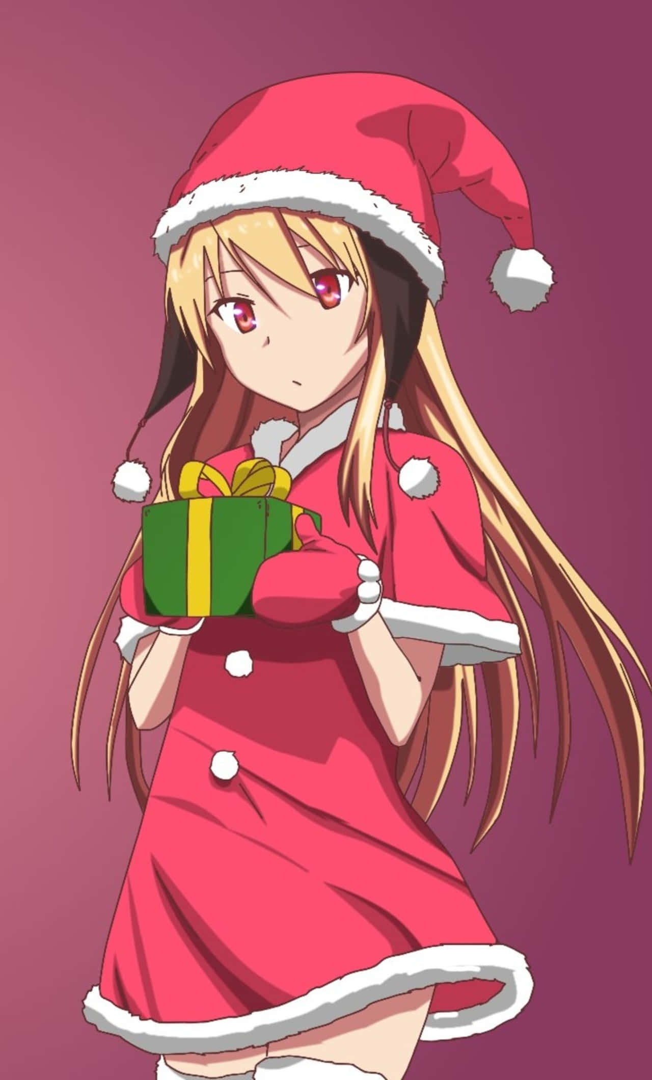 聖誕樹動畫 桌布 壁紙 — 動漫女孩穿著紅色聖誕老人服裝，在洋紅色背景上拿著綠色禮物盒。
