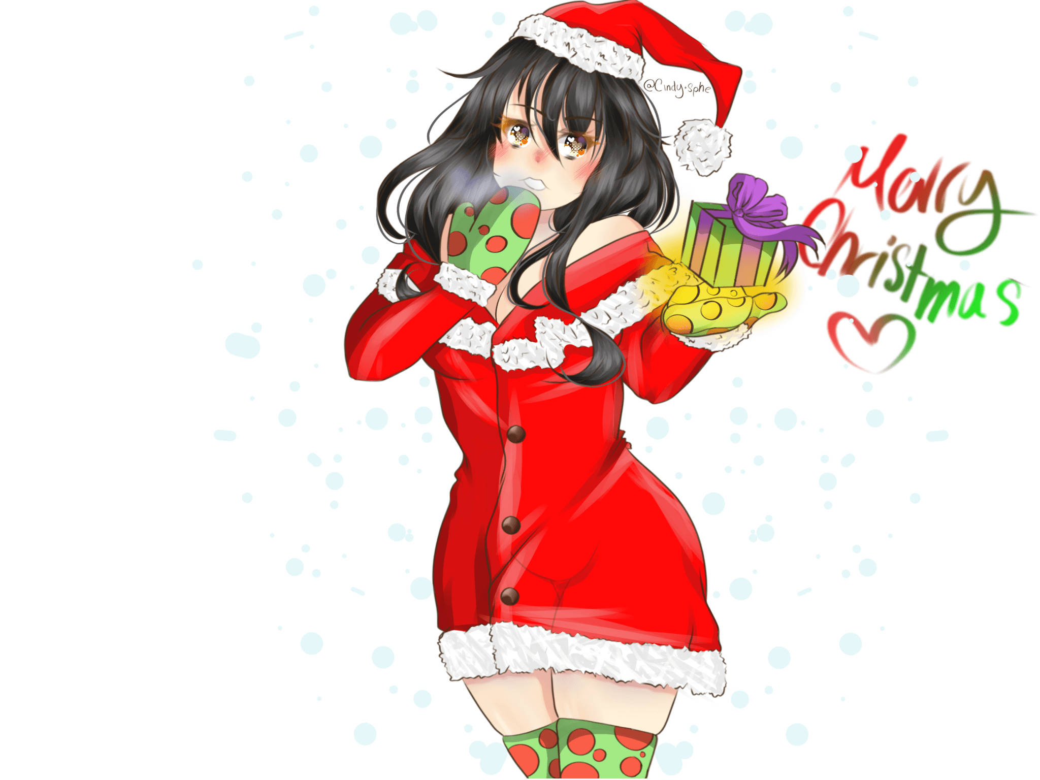 Aphmau 桌布 壁紙 — 動漫女孩穿著紅色聖誕老人服裝，在雪景背景下拿著禮物和杯子，並帶有「Merry Christmas」文字。