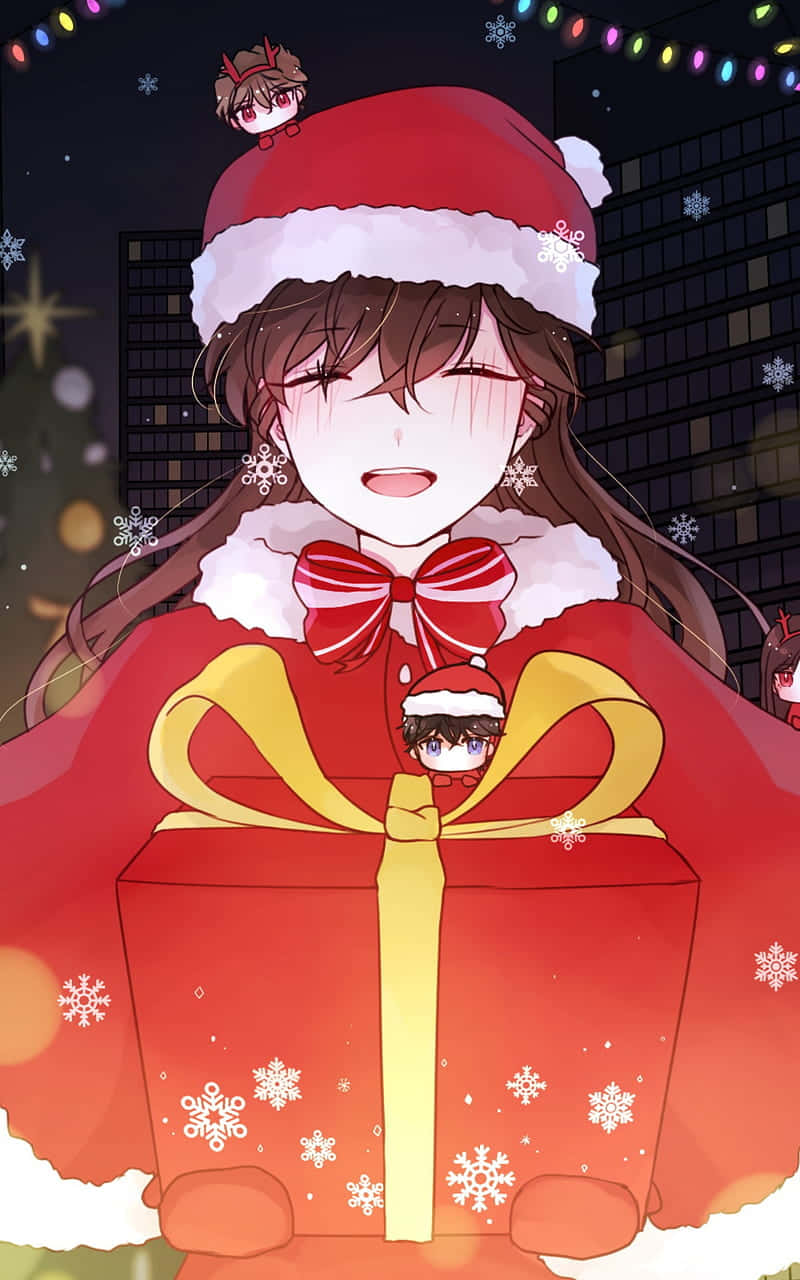 聖誕樹動畫 桌布 壁紙 — 動漫女孩穿著紅色聖誕老人服裝，手持巨大禮物盒，雪花在夜晚的城市燈光中飄落。