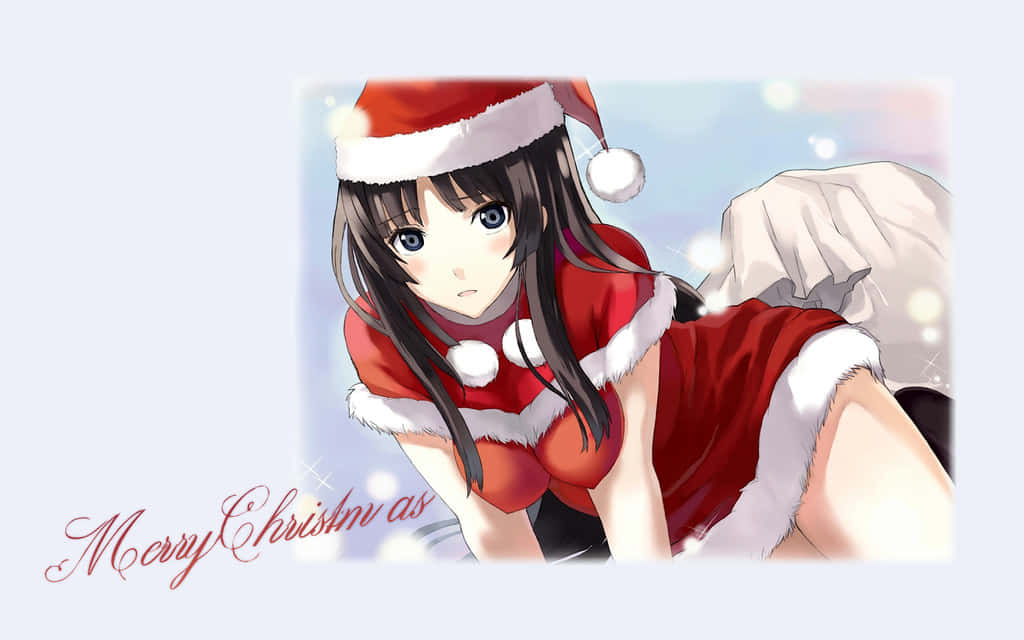 動漫聖誕 桌布 壁紙 — 動漫女孩穿著紅色聖誕老人服裝，白色飾邊和帽子，在柔和發光的背景前擺姿勢，帶有'Merry Christmas'字樣。