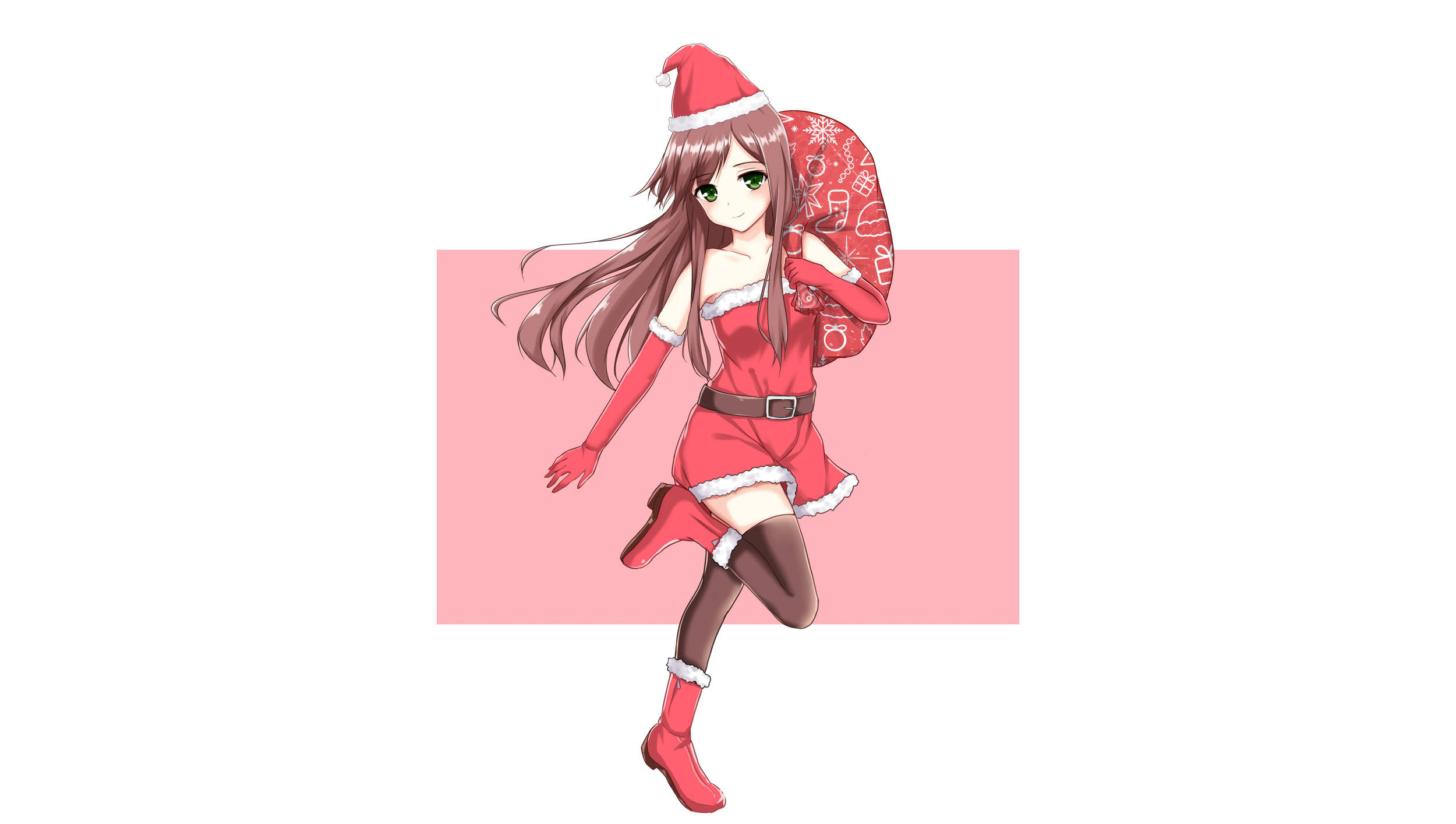 動漫女孩 桌布 壁紙 — 動漫女孩穿著紅色聖誕老人服裝，背著袋子，在柔和的粉紅色背景上歡快地跳躍。