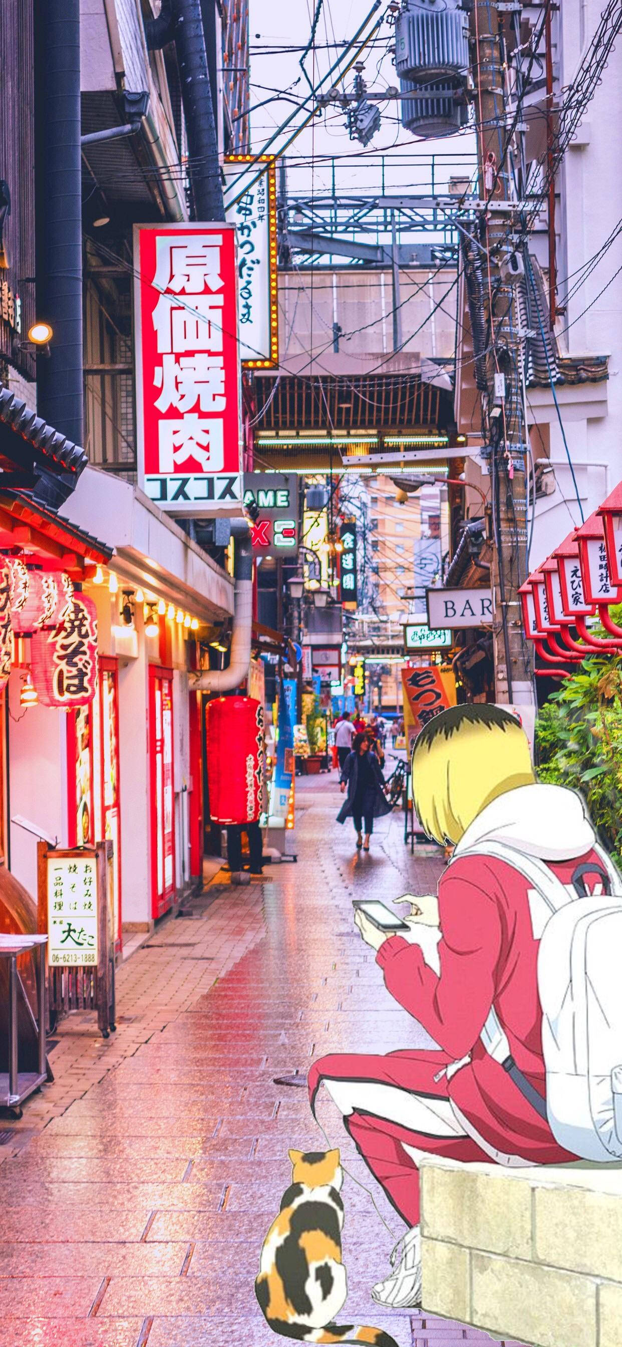 Kenma Kozume 桌布 壁紙 — 動漫女孩穿著紅色連帽衫，與貓咪一起坐在壁架上，霓虹燈在狹窄潮濕的日本小巷中閃爍。