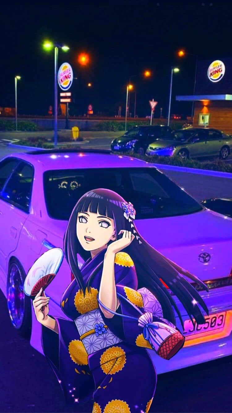 JDM 桌布 壁紙 — 動漫女孩穿著紫色和服拿著扇子，站在霓虹燈下發光的紫色汽車旁邊。