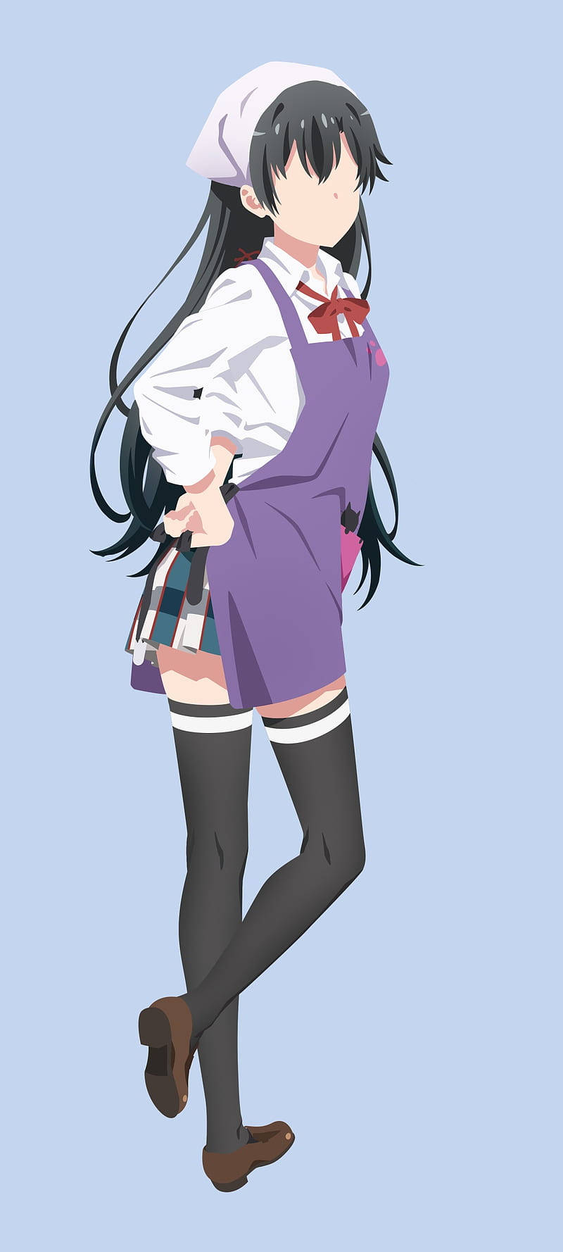 動漫女孩 桌布 壁紙 — 動漫女孩穿著紫色圍裙和白色帽子，側面站立在柔和的藍色背景前。