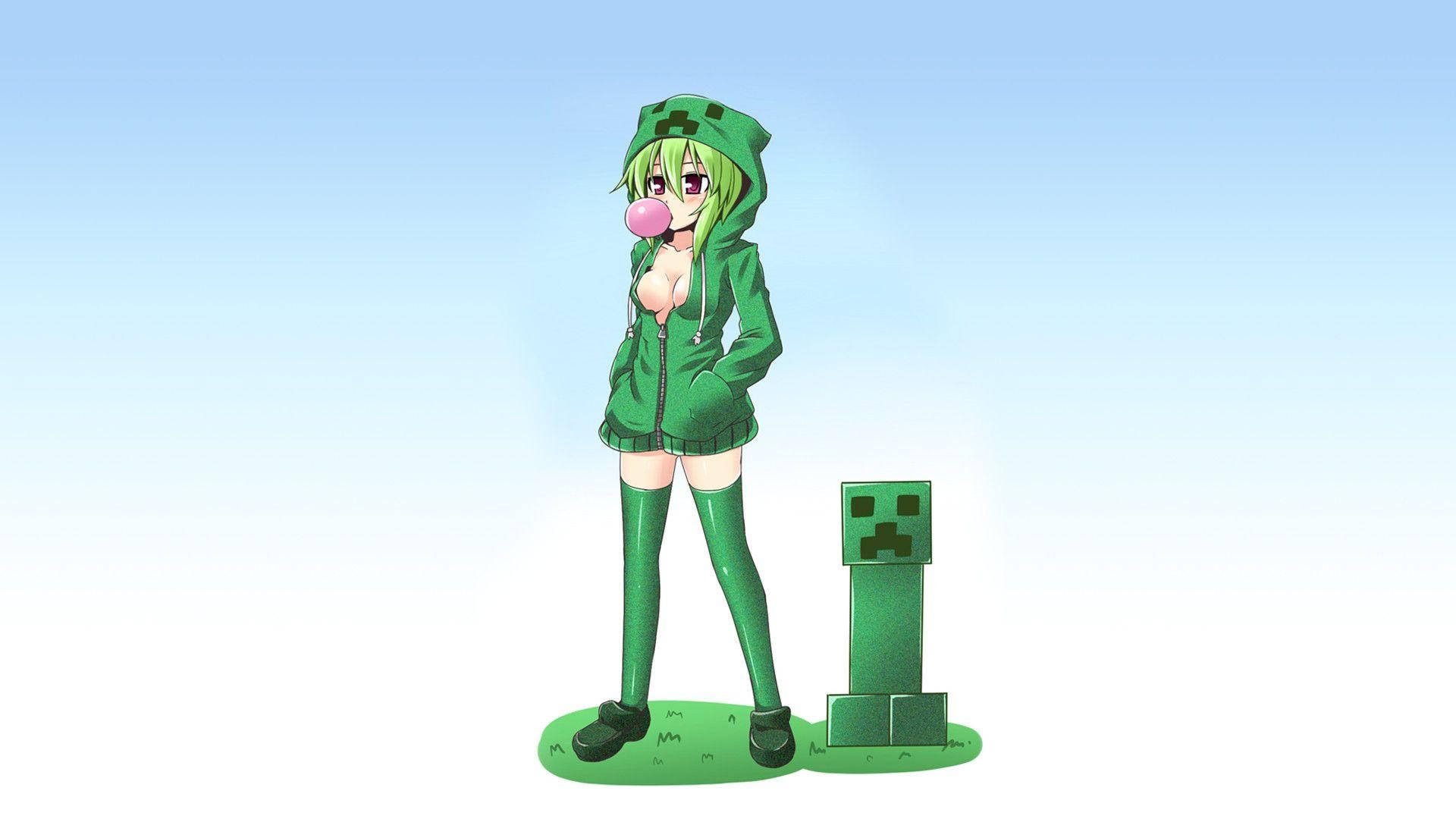 動漫女孩穿著綠色Creeper連帽衫，在Minecraft Creeper旁邊吹粉紅色泡泡糖。