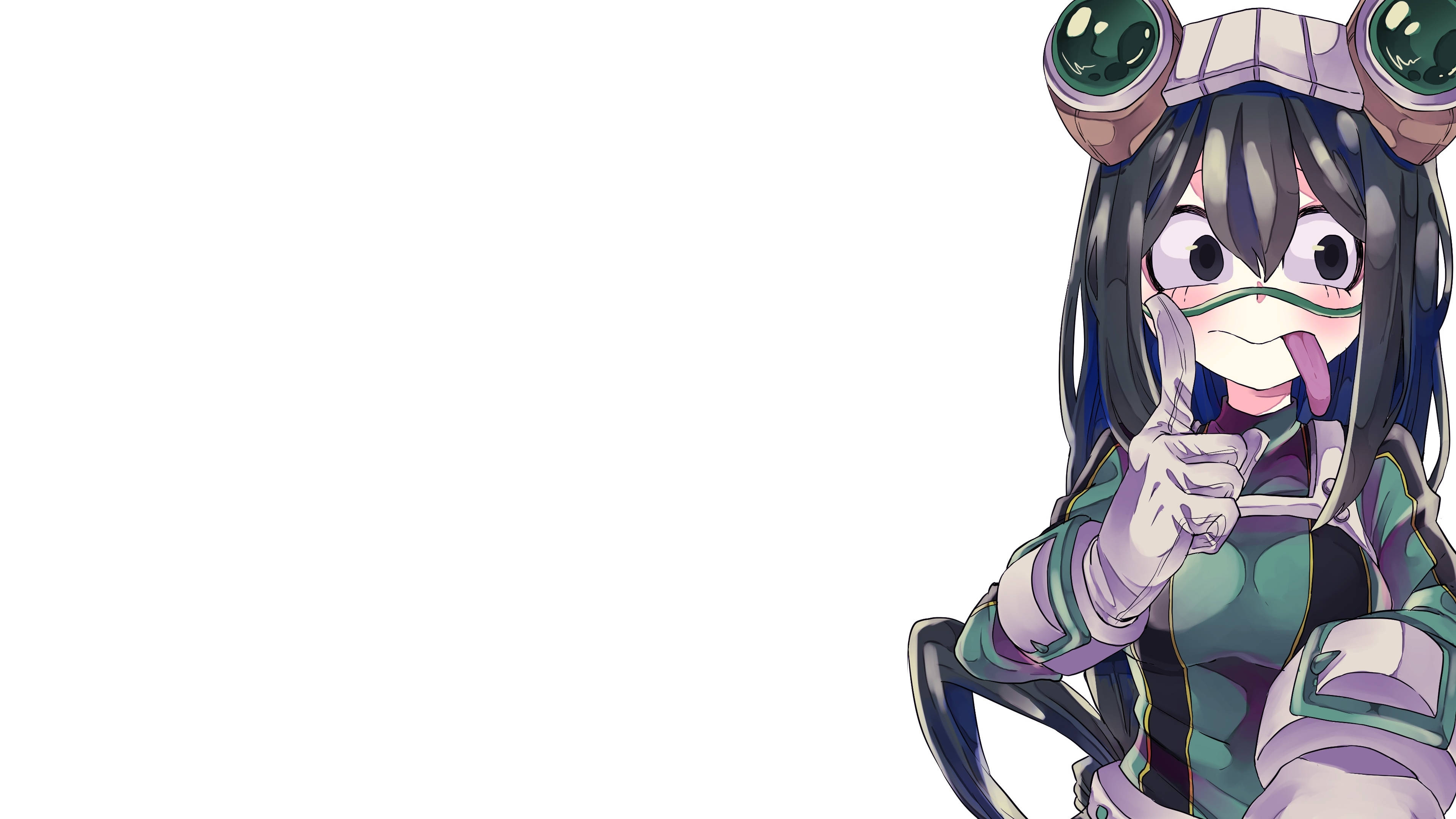 Froppy 桌布 壁紙 — 動漫女孩穿著綠色和紫色的英雄套裝，戴著護目鏡，伸出舌頭，豎起大拇指。