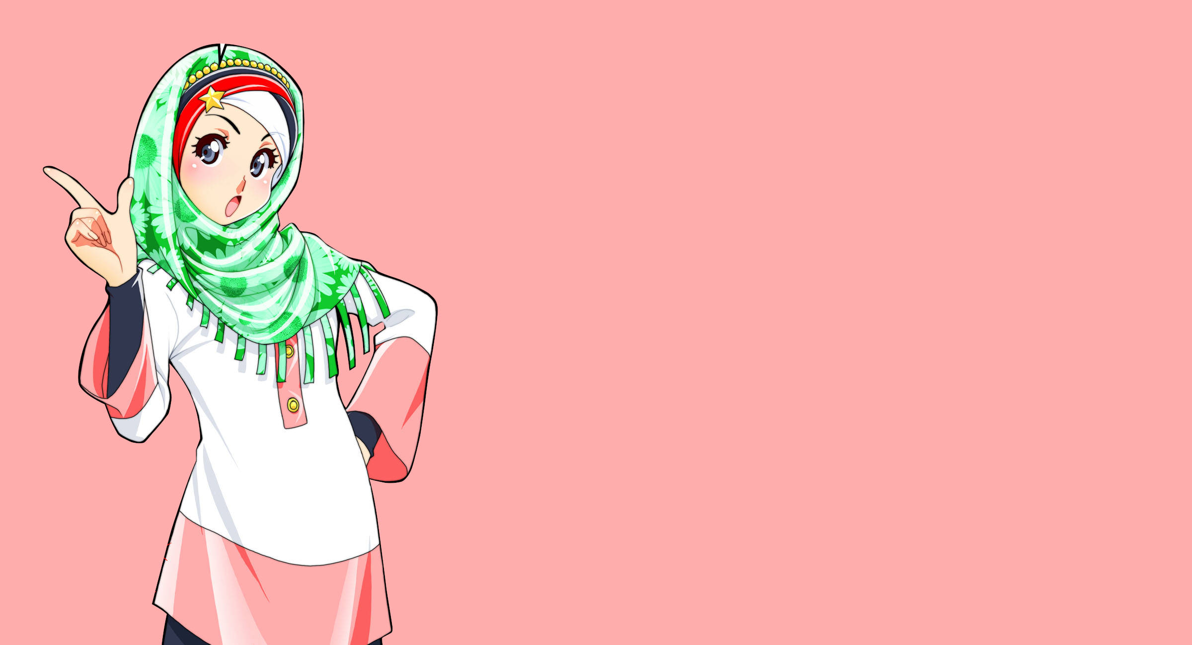 anime hijab 桌布 壁紙 — 動漫女孩穿著綠色圖案頭巾，在柔和粉紅色背景前興奮地指著。