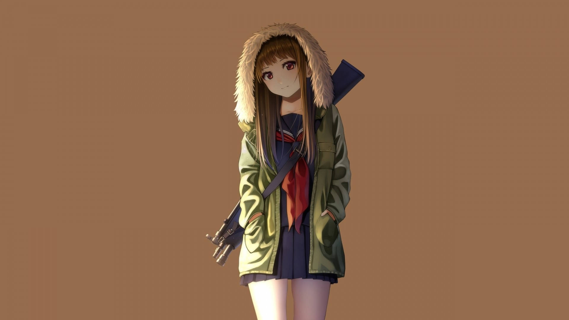 Hoodie 桌布 壁紙 — 動漫女孩穿著綠色連帽外套，帶毛邊裝飾，肩上扛著步槍，站在純棕色背景前。