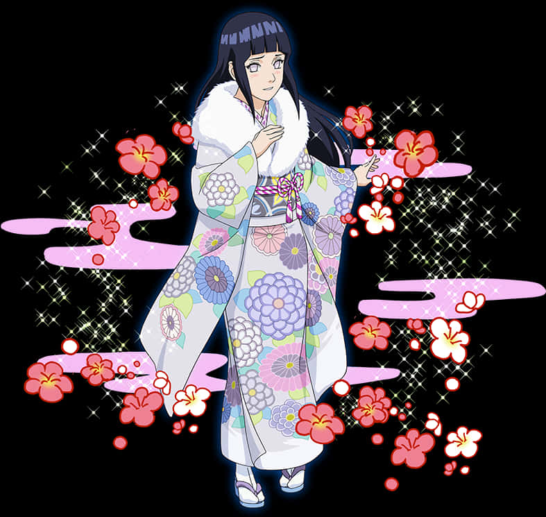 動漫 桌布 壁紙 — 動漫女孩穿著花卉和服，被發光的櫻花和粉紅色的雲朵包圍，背景是閃爍的黑色。