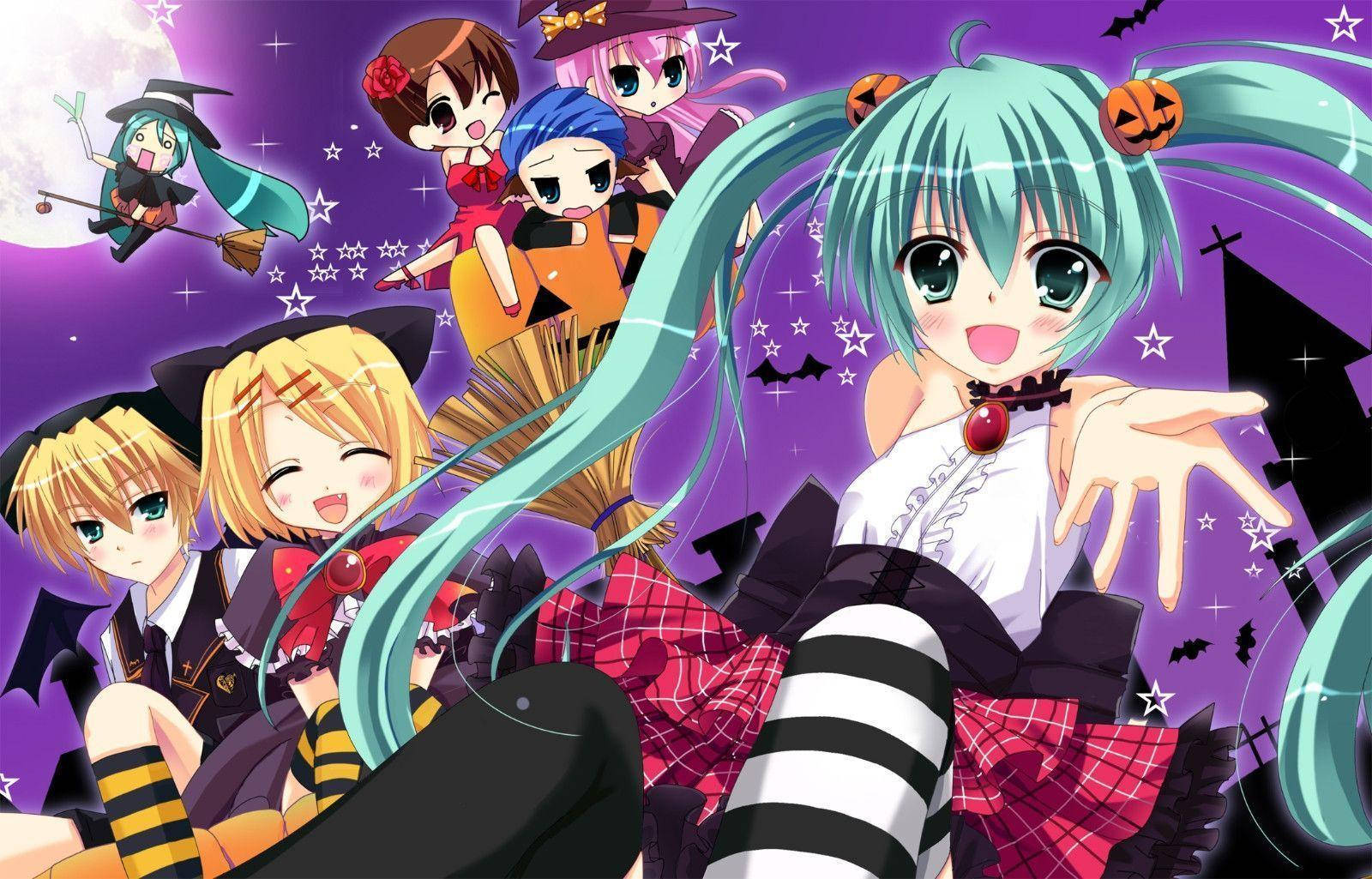 Anime Halloween 桌布 壁紙 — 動漫女孩穿著萬聖節服裝，在紫色星空、滿月和蝙蝠的背景下歡樂地擺姿勢。