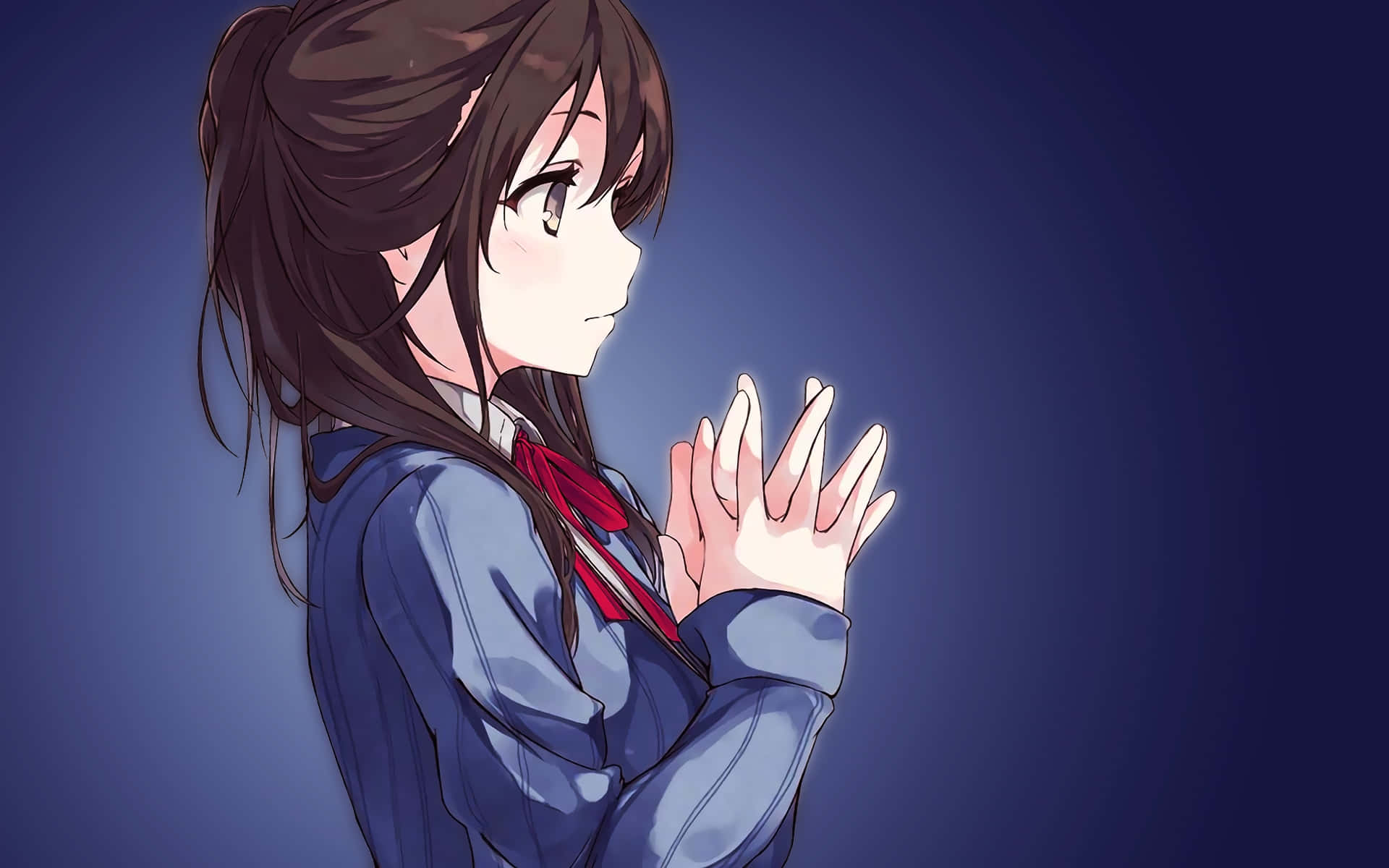 Animated 桌布 壁紙 — 動漫女孩穿著藍色校服，在深藍色漸變背景前合掌祈禱，充滿希望。