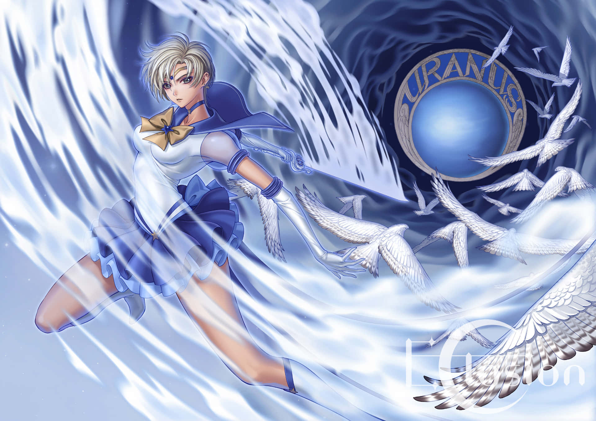 Sailor Uranus 桌布 壁紙 — 動漫女孩穿著藍色水手服，在發光的天王星標誌附近與旋轉的水和白色鳥類戰鬥。