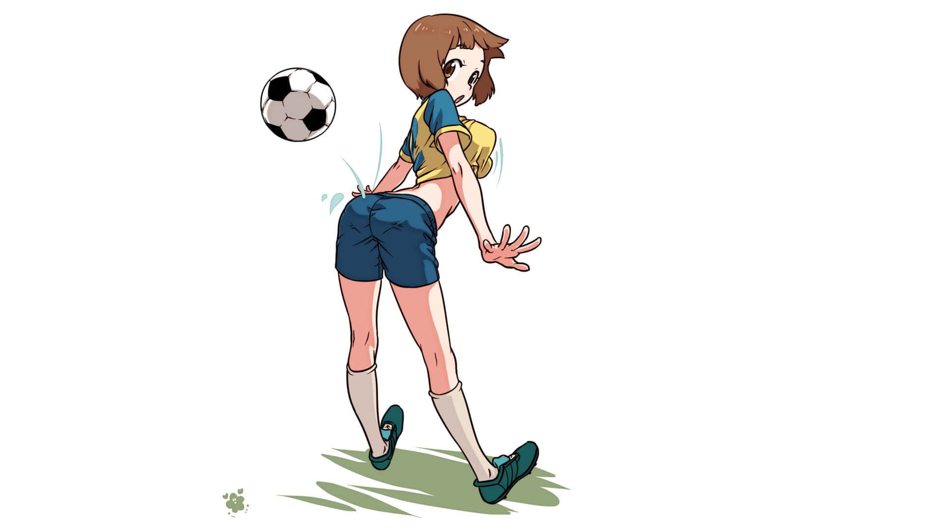 桌布 壁紙 — 動漫女孩穿著藍色短褲和黃色球衣，在純白背景上以動態動作線踢足球。