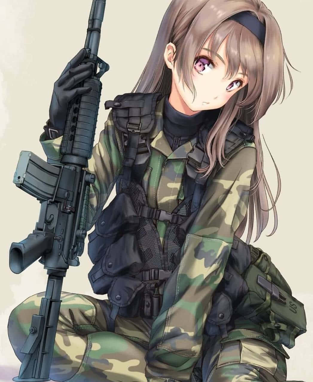 soldier 桌布 壁紙 — 動漫女孩穿著迷彩裝備，在純色背景下嚴肅地握著步槍。
