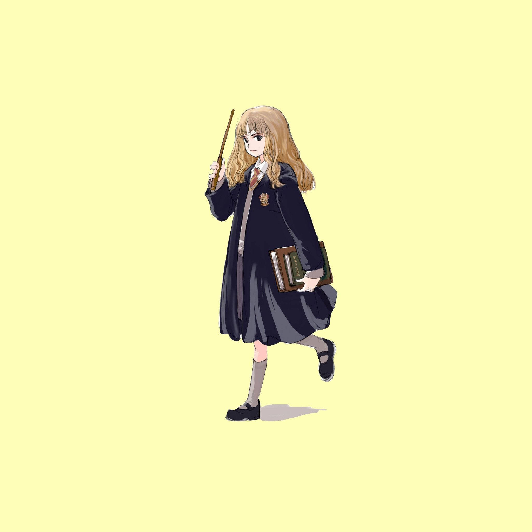Hermione 桌布 壁紙 — 動漫女孩穿著霍格華茲制服，自信地拿著魔杖和書本，背景是淡黃色。