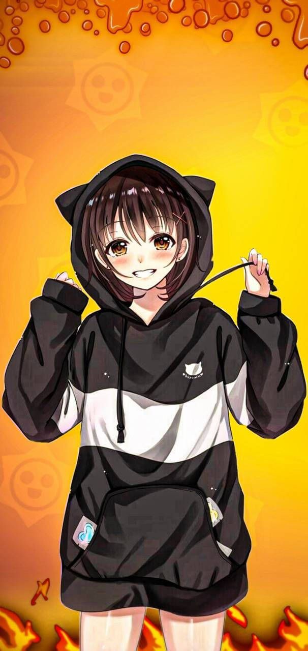 Hoodie 桌布 壁紙 — 動漫女孩穿著黑色貓耳連帽衫，在火橙色背景上微笑，周圍漂浮著笑臉。