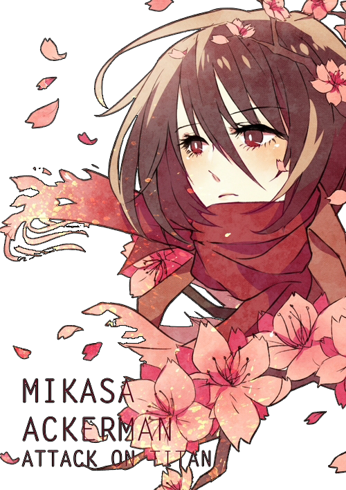 Mikasa Ackerman 桌布 壁紙 — 動漫女孩米卡莎·阿卡曼被飄落的櫻花包圍，做出火焰般的手勢。