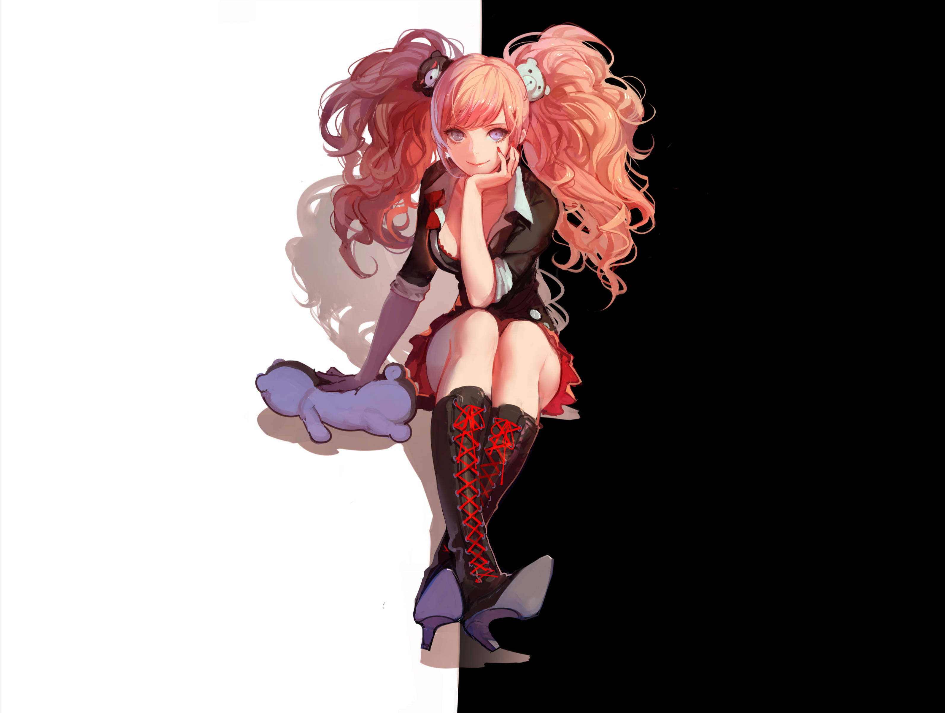 Sexy Anime 桌布 壁紙 — 動漫女孩紮著粉紅色雙馬尾，坐在黑白分半的背景上，若有所思地抱著毛絨玩具。