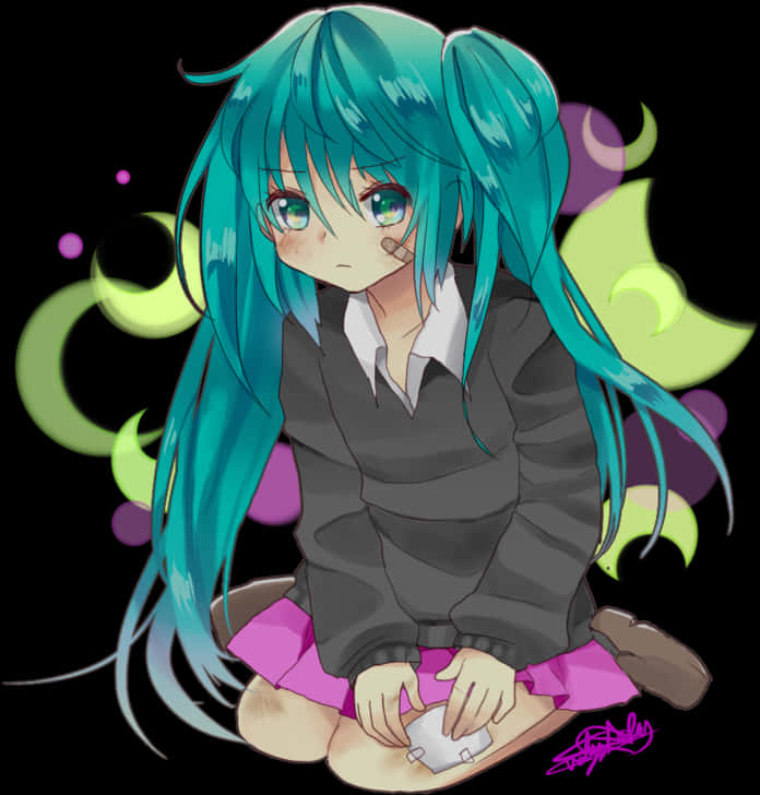 anime shy 桌布 壁紙 — 動漫女孩紮著藍綠色辮子，盤腿坐著，手持白色盒子，背景為黑色帶霓虹漩渦。