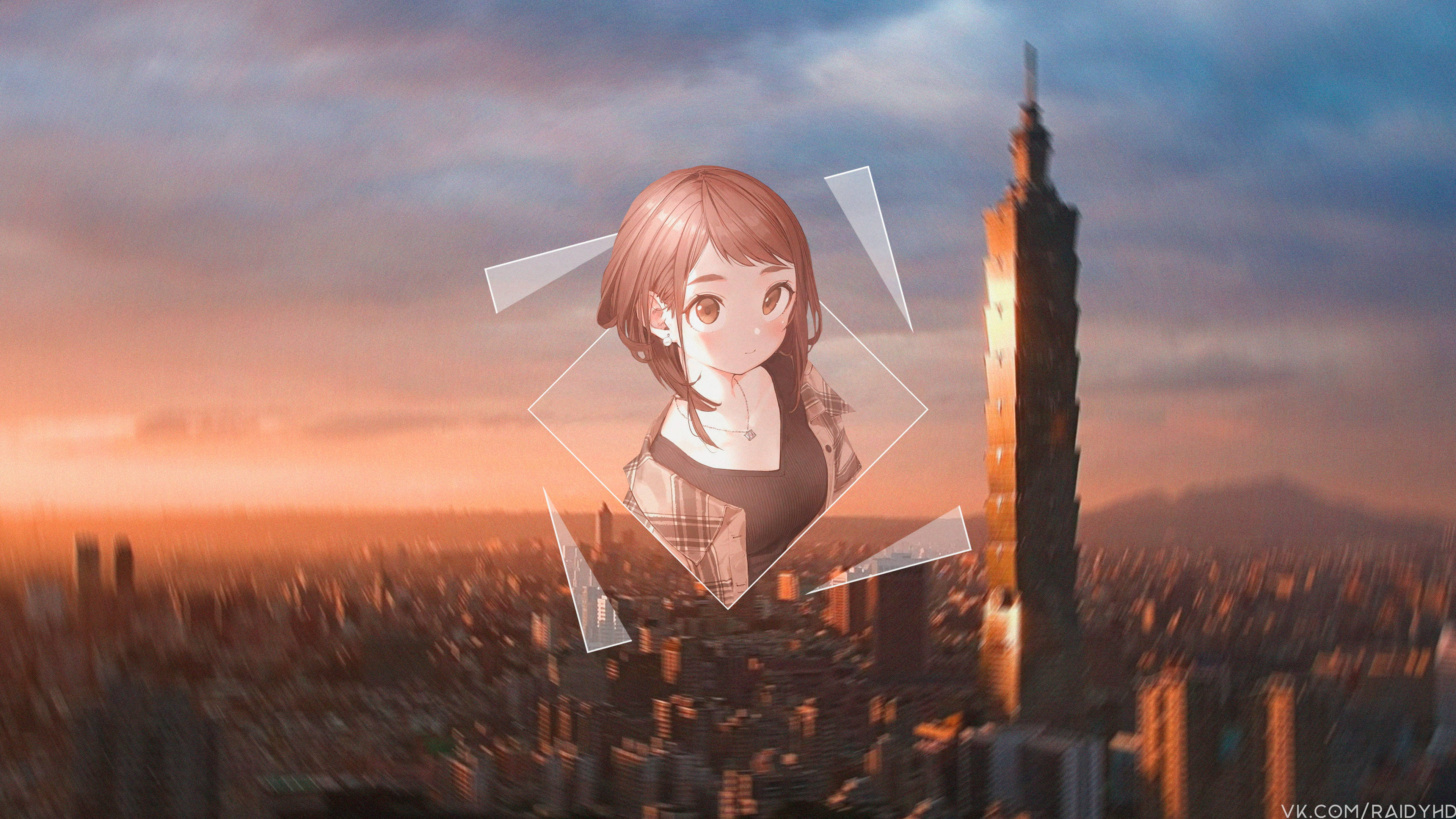 Uraraka 桌布 壁紙 — 動漫女孩肖像漂浮在幾何框架中，懸掛在金色日落下的台北天際線之上。