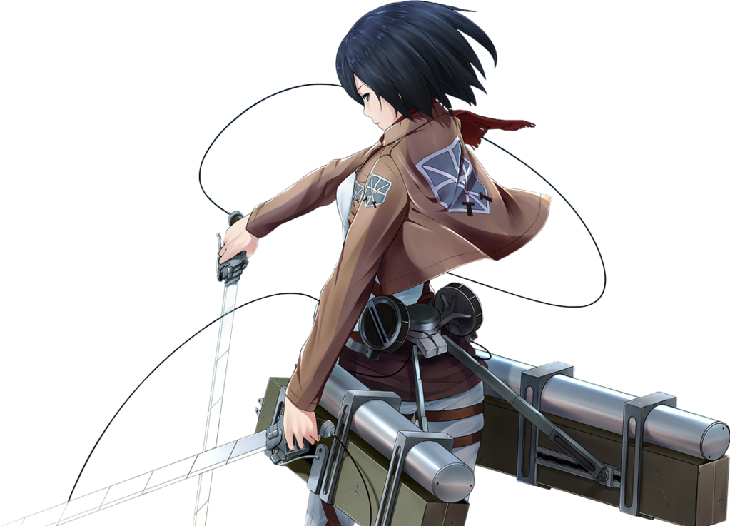 Mikasa Ackerman 桌布 壁紙 — 動漫女孩身穿棕色制服，配備裝備和劍，準備在黑色背景下行動。