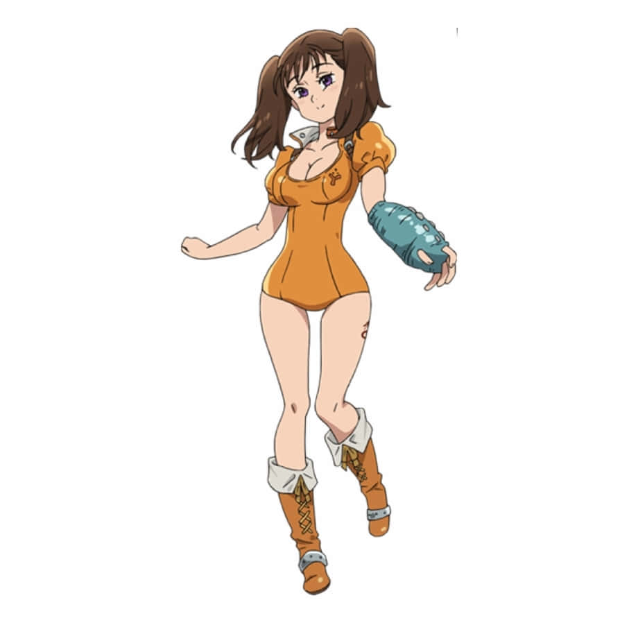 Seven Deadly Sins Diane 桌布 壁紙 — 動漫女孩身穿橙色服裝，戴著藍色手套和棕色靴子，在白色背景前自信地擺姿勢。