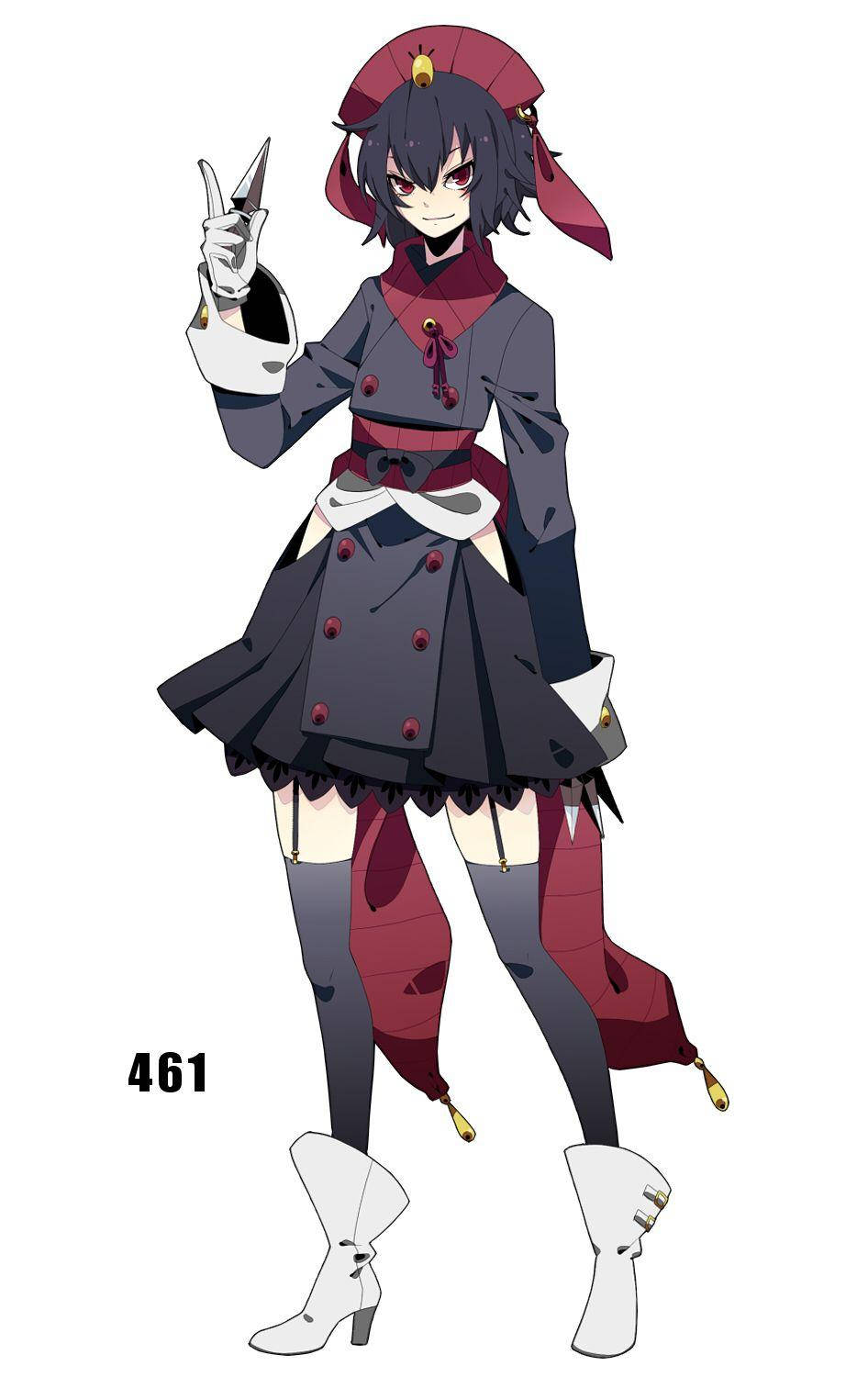 動漫女孩 桌布 壁紙 — 動漫女孩身穿深灰色和紅色服裝，在白色背景前自信地微笑著拿著刀。