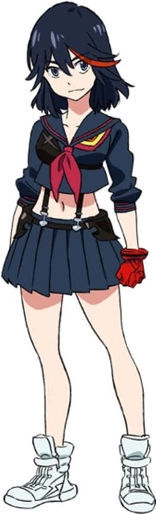 ryuko matoi 桌布 壁紙 — 動漫女孩身穿深藍色水手服，搭配紅色點綴和白色戰鬥靴，自信地站立。